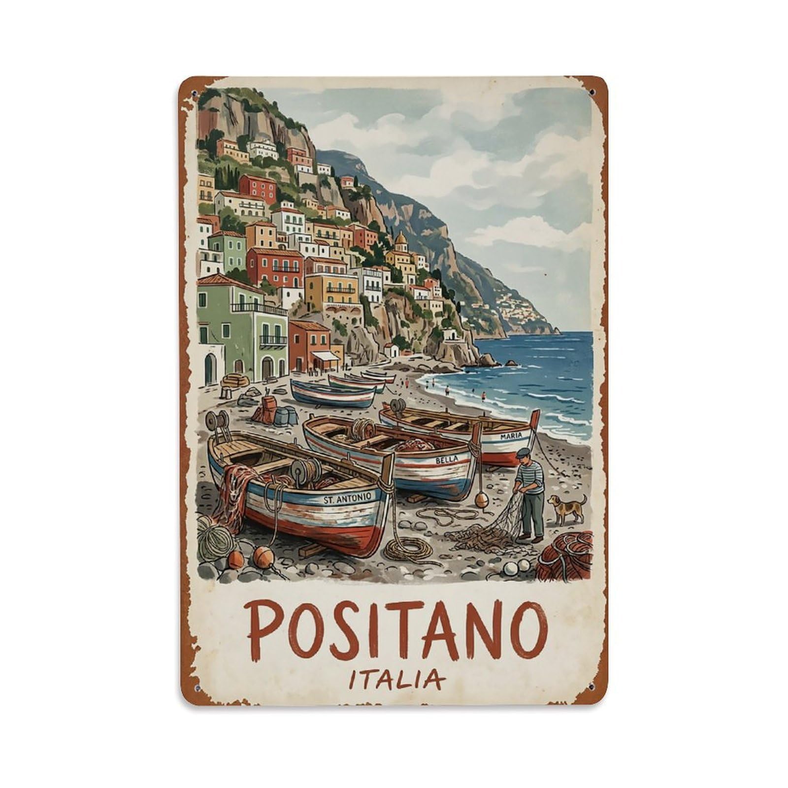 Huiyhb 8X12inch(20X30cm) Vintage Travel Positano Italy Fishing Boats Shore Metal Tin Sign