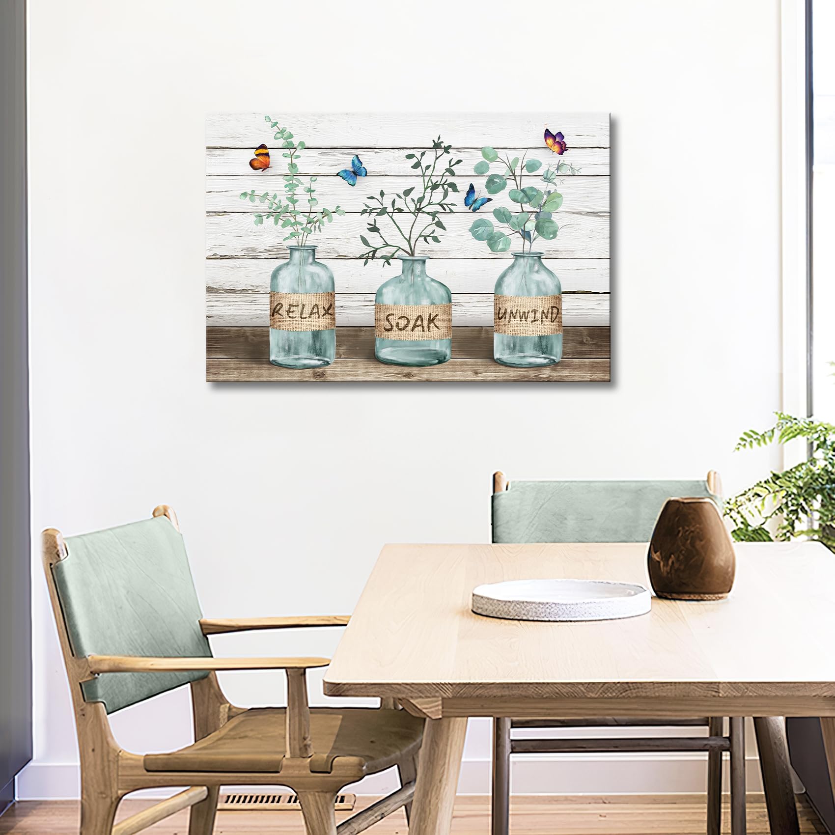 Wooden Framed Canvas Wall Art Relax Soak Unwind Eucalyptus Butterfly Canvas Print Bathroom Picture Painting Poster Farmhouse Wall Decor Home Office Gallery Bedroom Decorations Ready To Hang 40x60cm - Image 2