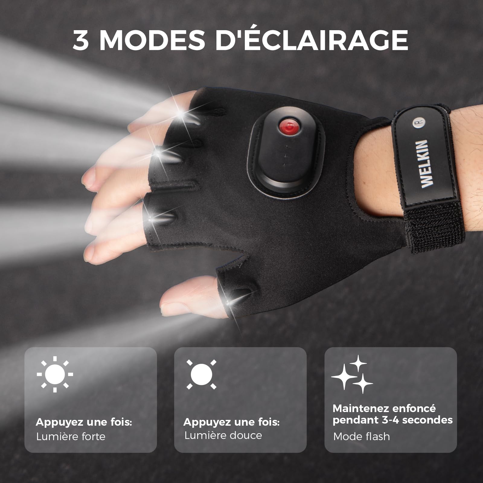 WELKIN Gants à LED avec lumière, lumières rechargeables, cadeaux pour hommes, lumières sans mains pour la pêche, longue autonomie