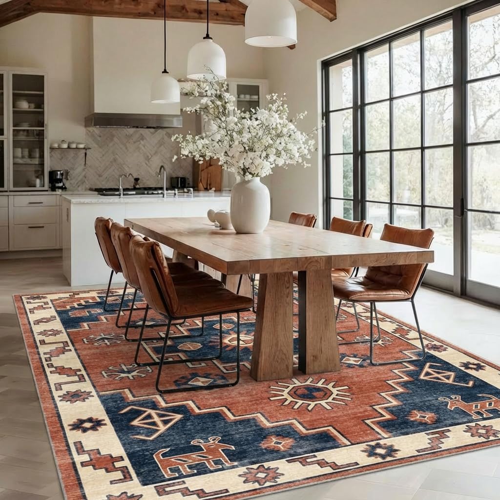 5x7 Area Rug Vintage Tribal Persian Rug with Non Slip Backing, Washable Low Pile Terracotta Red Navy Blue Carpet for Bedroom, Living Room, Dining Room, Home Office, Farmhouse