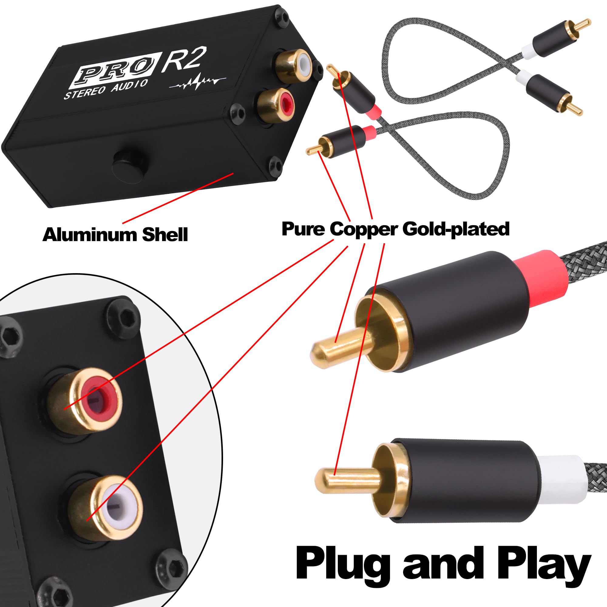 Isolatore RCA Ground Loop Isolatore Filtro Rumore Eliminatore di ronzio 2 Canali Isolatore di Segnale Audio RCA Guscio in Alluminio per Sistema Stereo Casa Altoparlante Lettore Audio Auto