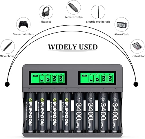 Miniatura 7 de Deleepow 8 pilas AA recargables de 3400 mWh con cargador, baterías de litio de 1.5 V AA de 1500 ciclos precargados
