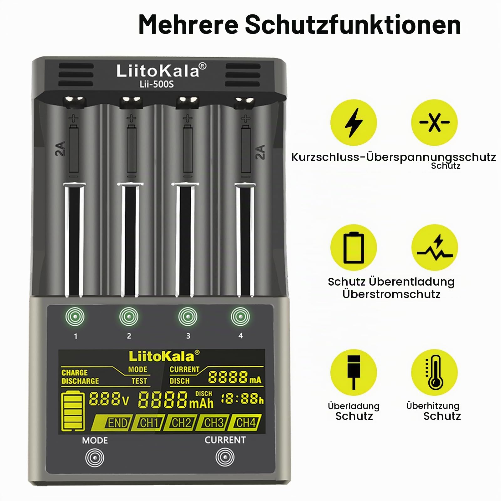 LiitoKala Lii-500S 18650 Akkuladegerät Schnellladegerät mit LCD-Display Touching Control, 4-Steckplatz AA Akkuladegerät mit 12V3A Adapter für 10400 21700 Li-Lion AA AAA NI-MH NI-CD