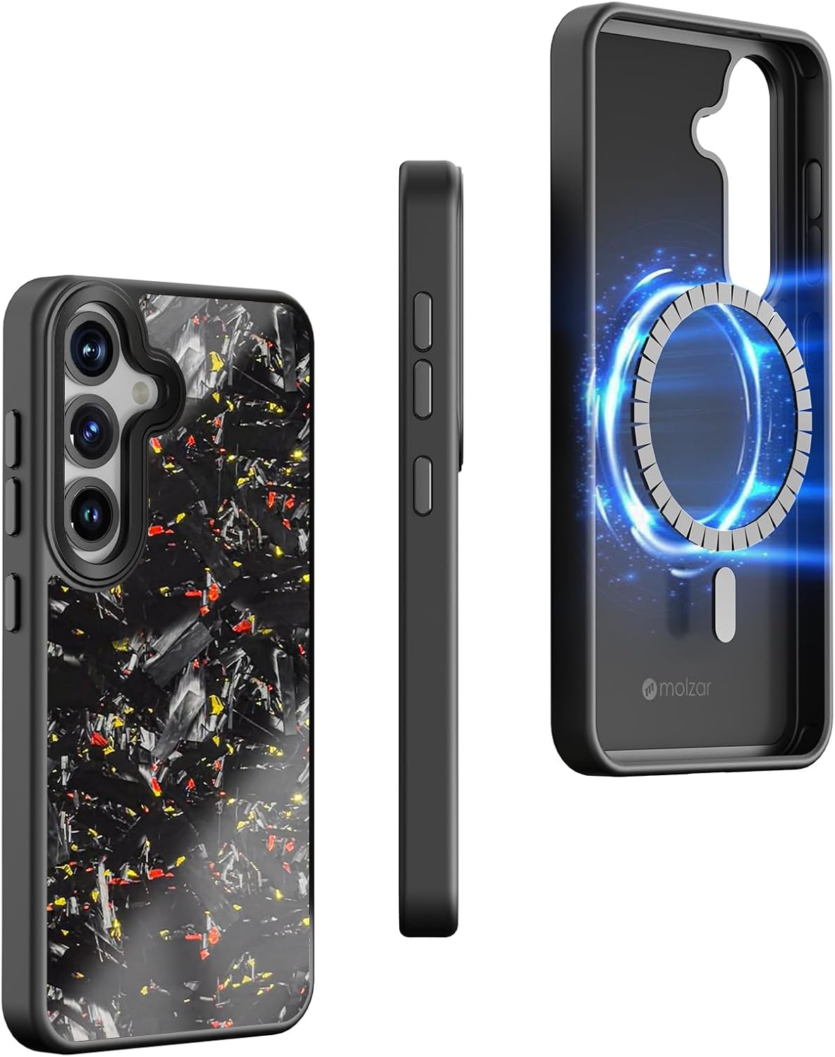 molzar Vibe Series Magnetic Case for Samsung Galaxy S24 and S25 with Chunk Forged Carbon Fiber, Infused with Colorful Tinfoil Flakes, Compatible with MagSafe, Glossy Black/Red&Gold
