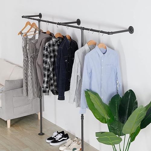 Vista 33 de Perchero industrial de tubería, resistente montado en la pared, barra de ropa de hierro negro, estante de exhibición minorista, organizador de ropa