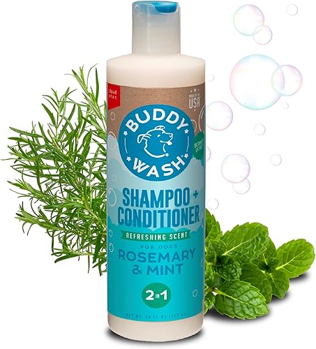 Buddy Wash - Champú y acondicionador 2 en 1 para perros para aseo de perros, romero y menta, botella de 16 onzas
