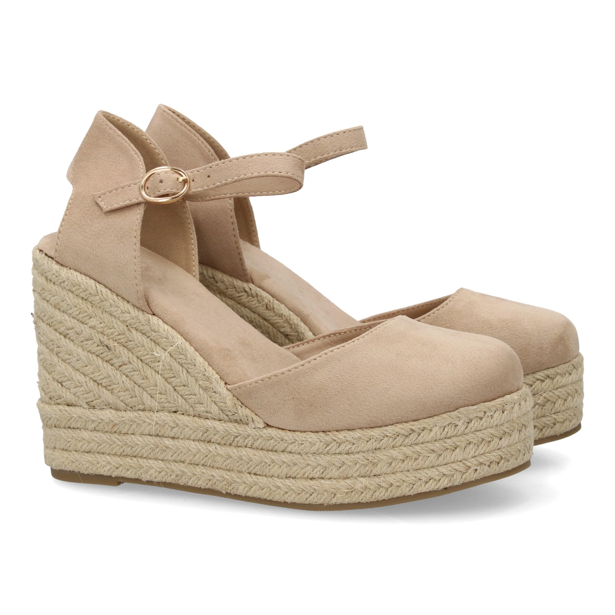 shoes&blues.es Alpargata de Mujer con Cuna y Plataforma, Punta y Talon Cerrados, Cierre de Hebilla en el Tobillo, Monocolor, Cuna de Yute Trenzado Ligera y Comoda para la Temporada Verano.