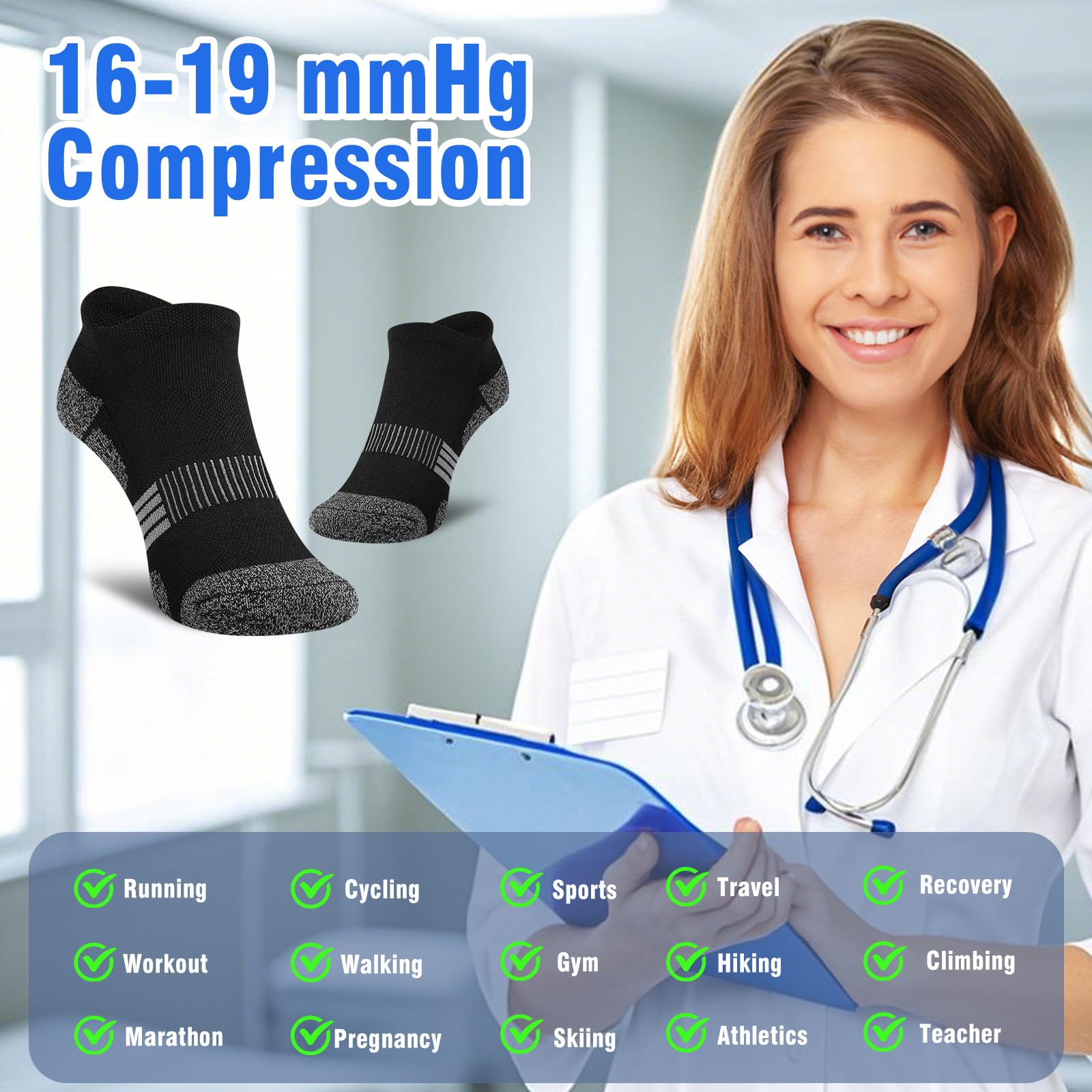 THATISHE Black Compression Running Socks for Women Thick Cushioned Ankle Athletic Low Cut Gift Socks 6 Pairs - Black