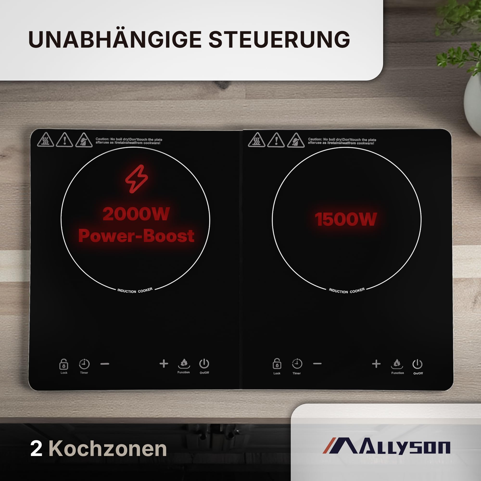 Allyson® Doppel Induktionsplatte 3500W – Mobiles Induktionskochfeld 2er Kochplatte Einbaubar & Tragbar, 2 Kochfelder mit Touch-Control, Timer, Kindersicherung & Überhitzungsschutz – Schwarz