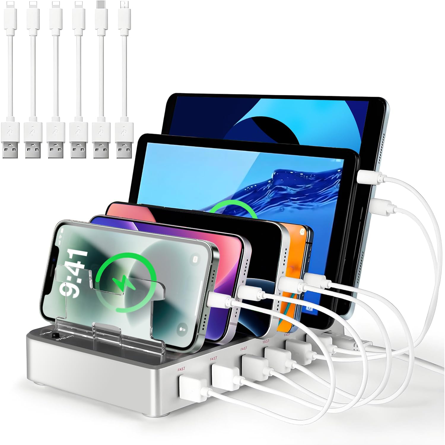 Estación de carga para múltiples dispositivos, cargador rápido USB de 6 puertos con 6 cables mixtos, base de carga multidispositivo para iPhone, iPad, teléfonos Android, tabletas, Kindle (plateado