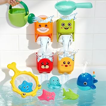 Baby Bath Toys for Kids Ages 1-3, Mold Free Toddler Bathtub Pool Water Table Toys for 1 2 3 Year Old Girls Boys, No Hole Floating Animals, Fishing Net Watering Can Tub Toys for Babies 12+ Months