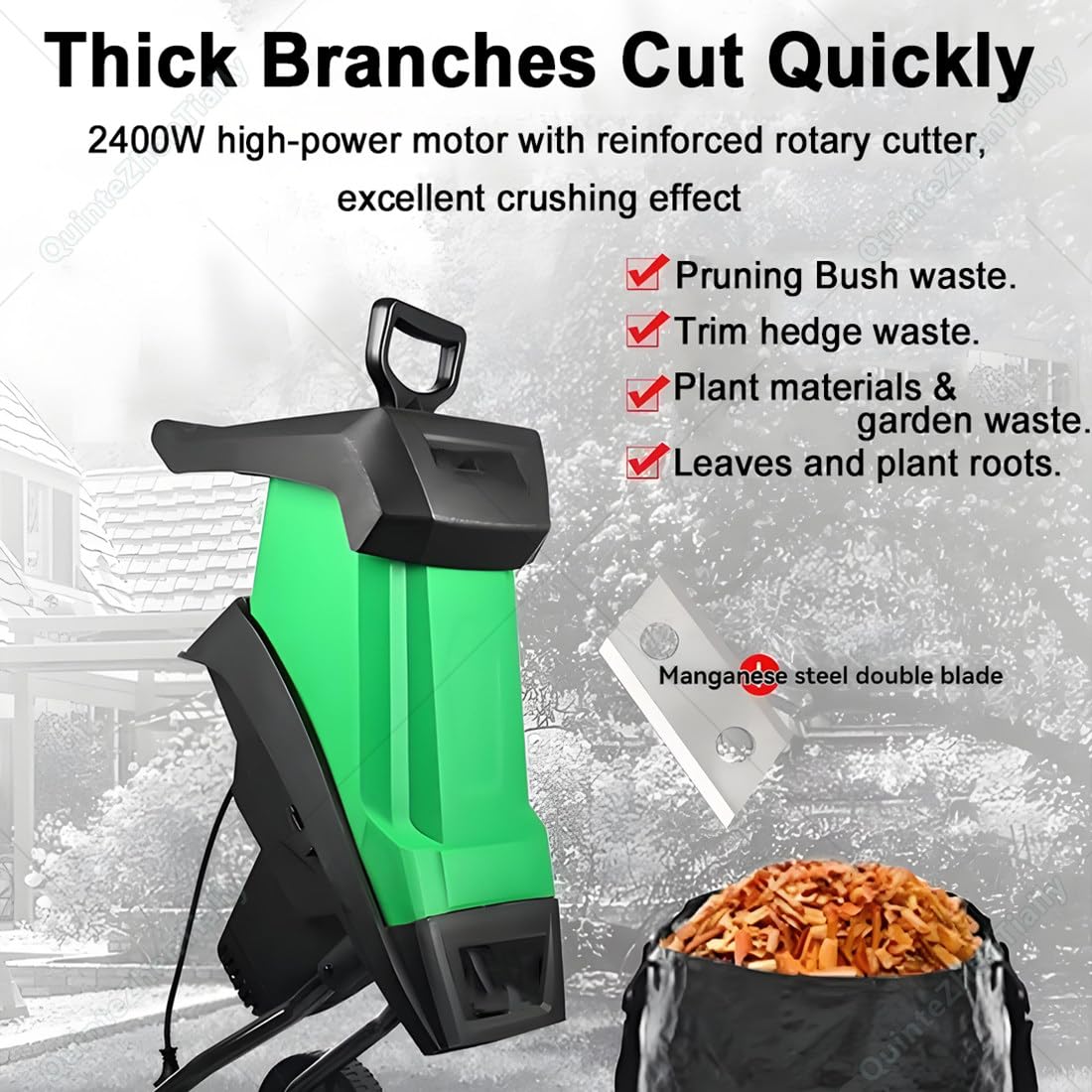 Triturador Ramas con Cuchillas Dobles,Ruedas,2400 W NoCable | con Bolsa Recolectora 50 L,Capacidad Corte Máxima 39 Mm,Cuchillas Acero Doble,para Triturar Ramas & Compost Doméstico