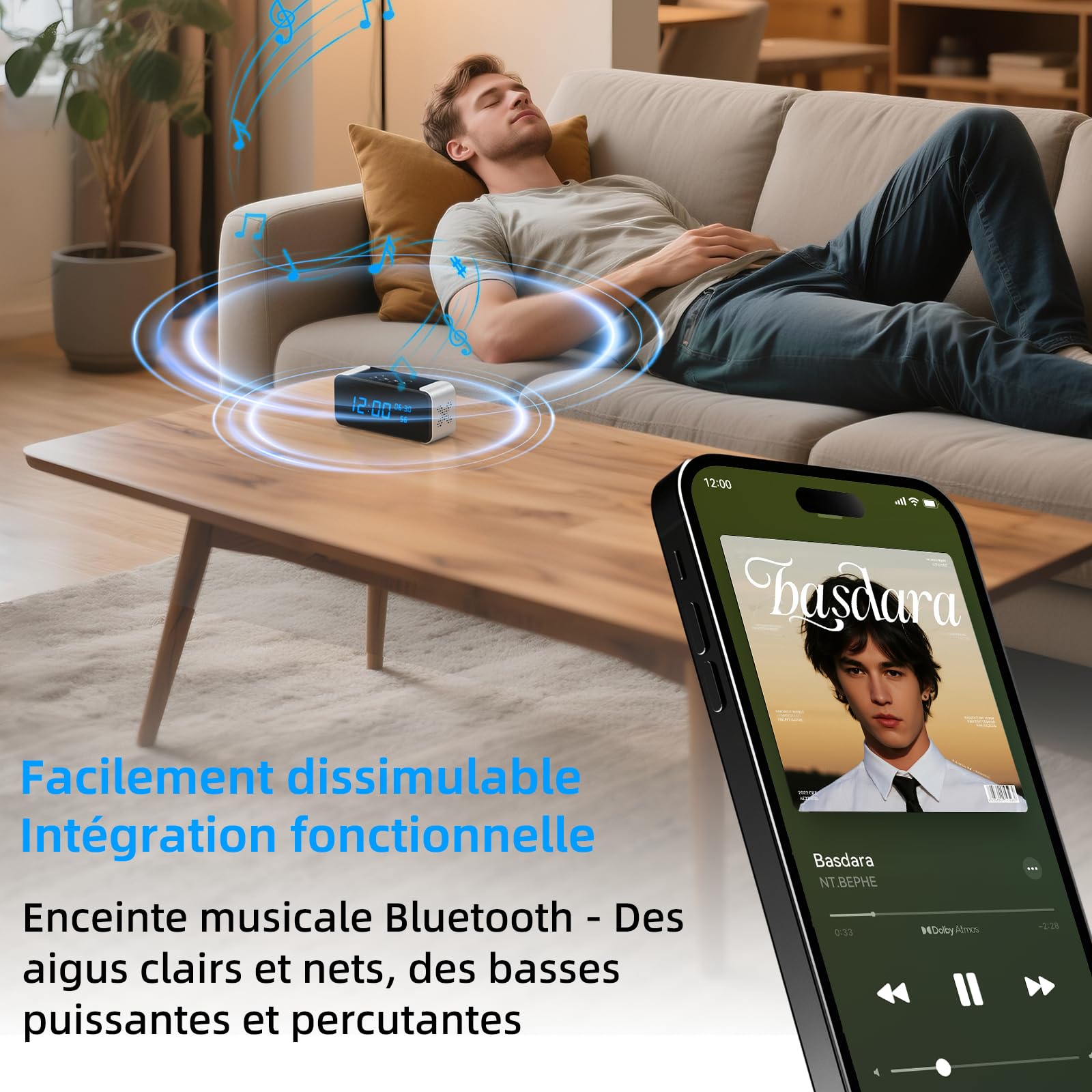 Camera Espion Réveil WiFi 4K Discret sans Fil | mini camera espion sans fil, lecteur Bluetooth, vision infrarouge, détection mouvement BT, mini camera, accès distant app