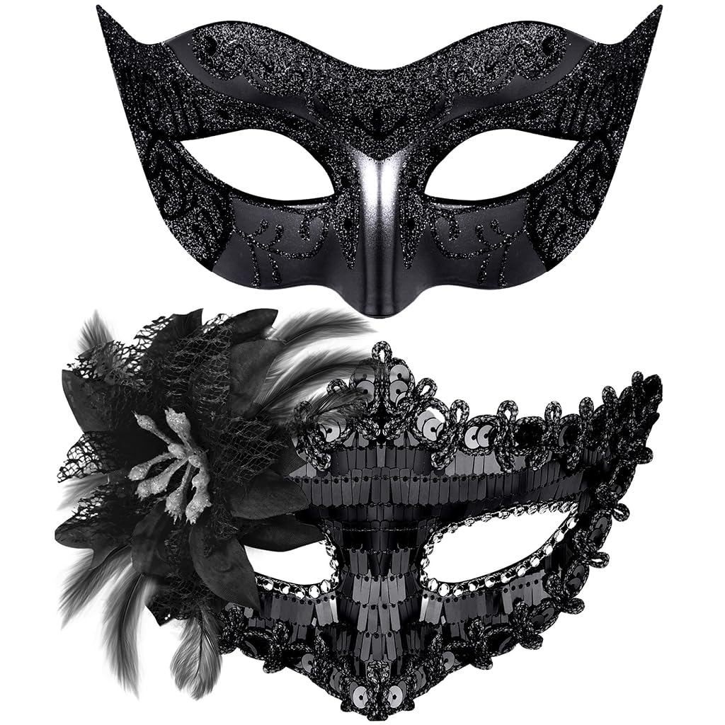 PATPAT® 2 Pack Black Masquerade Mask for Women & Men, Venetian Carnival Halloween Cosplay Party Mask, Couple Venetian Masks Sequin Face Cover Masks for Party Night Club Carnivals Masquerade Balls