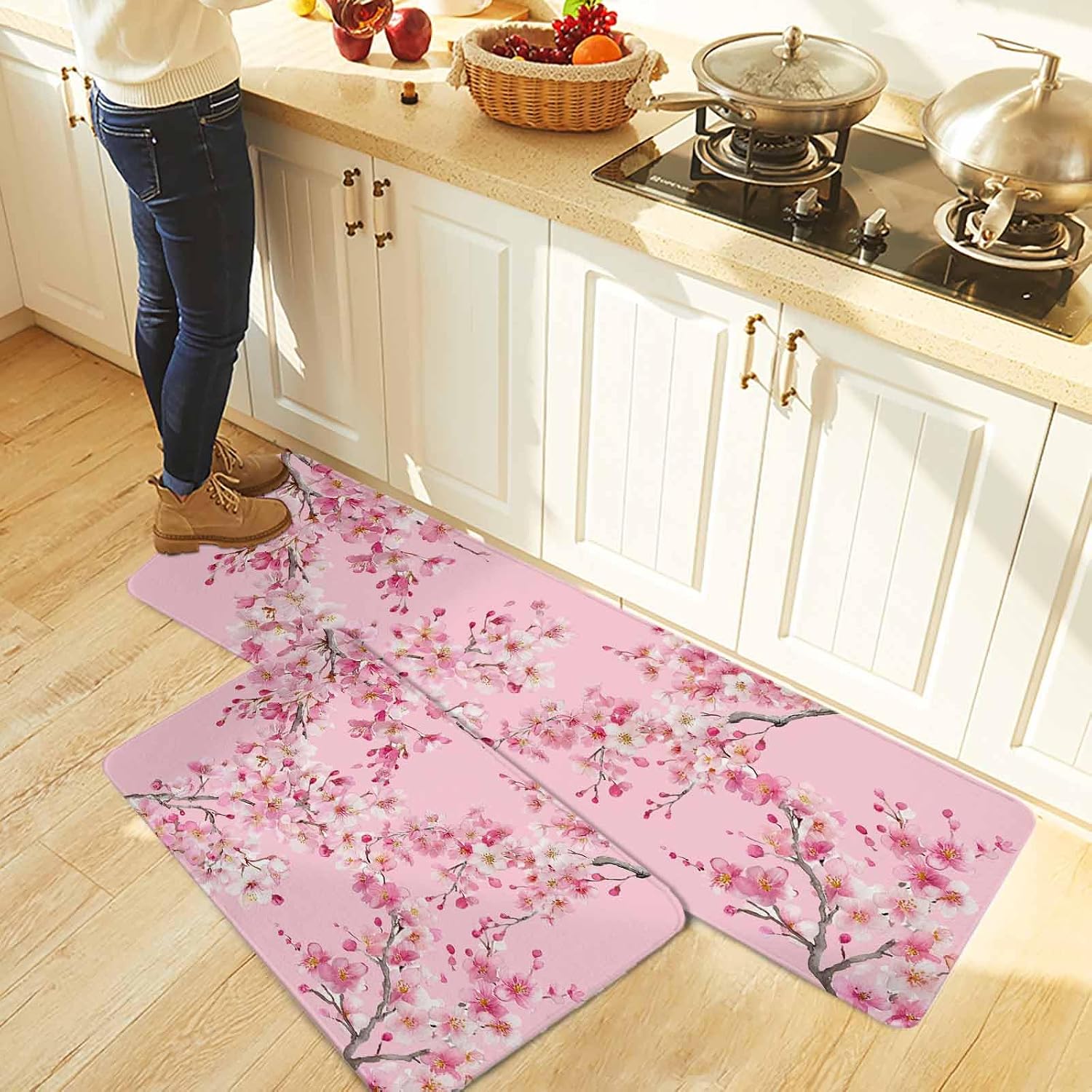 Spring Peaches Kitchen Rugs and Mats Set of 2, Non-Slip Kitchen Sink Mat, Botanical Blossom Flowers Branches Washable Doormat Bathroom Rugs Runner for Bedroom/Living Room 19.7"x31.5"+19.7"x47.2"