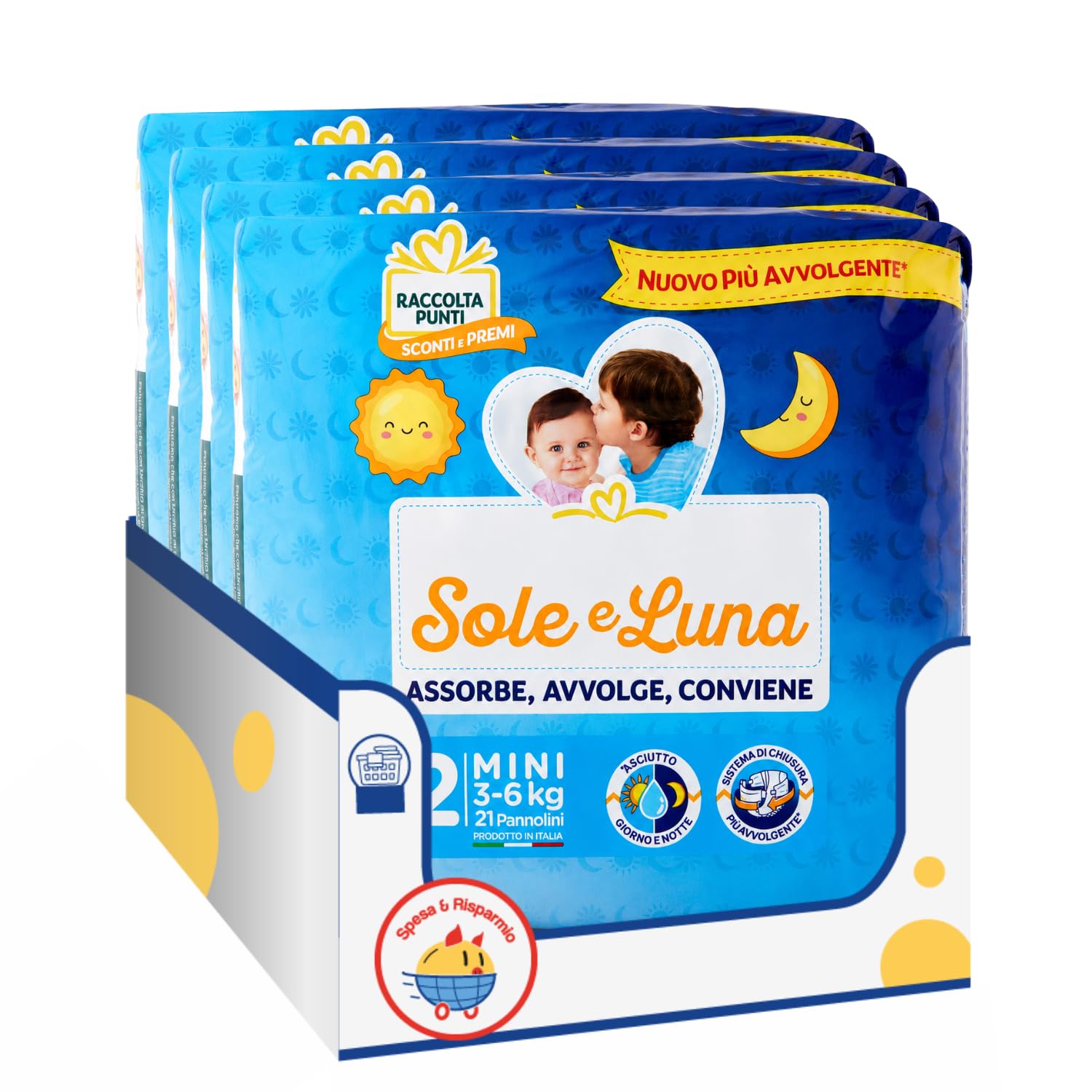 Pannolini Taglia 2 Mini 3-6 kg 21 Pezzi Sole e Luna Giorno e Notte Variazioni 4/8/12 Confezioni (8 PEZZI)