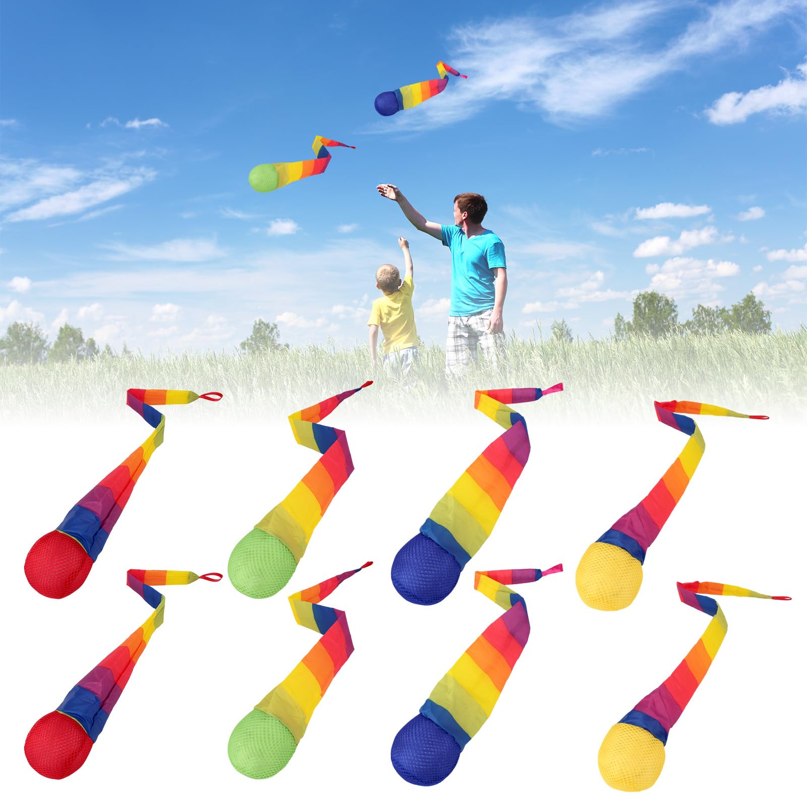 Fukaisu 8pcs 26 Inch Throw and Catch Balls with Rainbow Tail, Fun Sports Comet Balls Playground Toss Catch Toys for Outdoor Backyard Beach Camping Kids Pet Play (Colorful)
