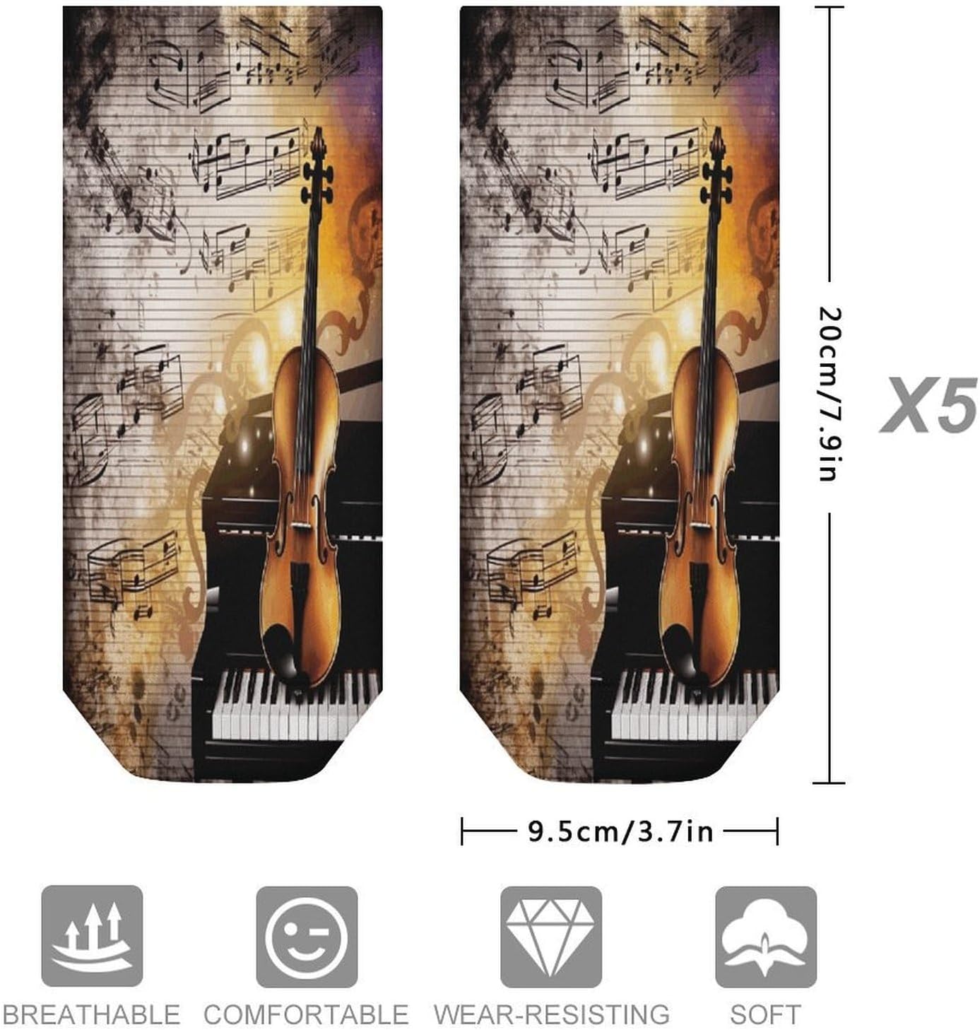 Socks for Men Women 5 Pairs Short Ankle Socks | Piano Violin Music Notes Low Cut Casual Crew Sock Cute Breathable Athletic Socks Non Slip No Show Sock