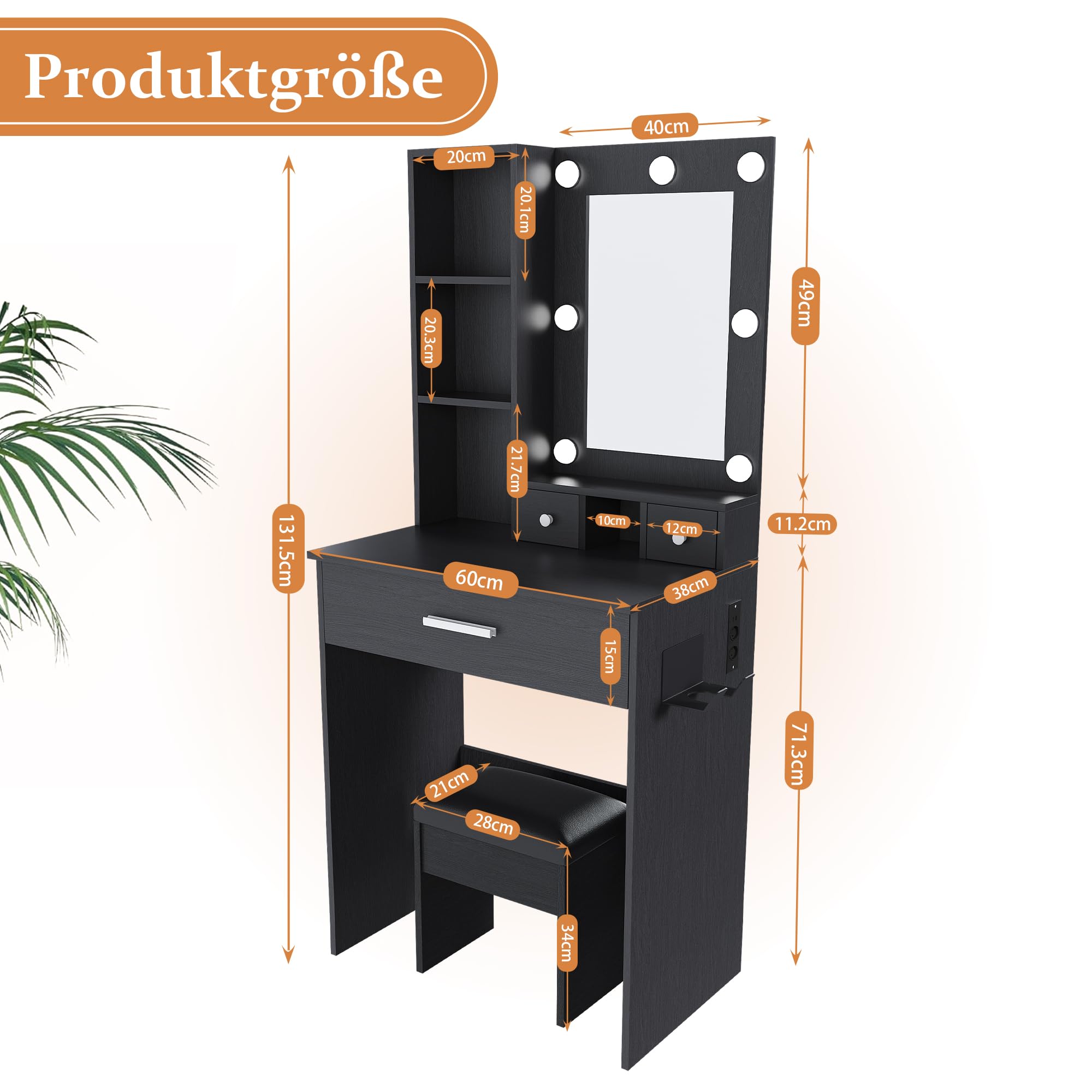 Tavolo da toeletta con specchio LED, presa, 1 cassetto grande e 2 cassetti
