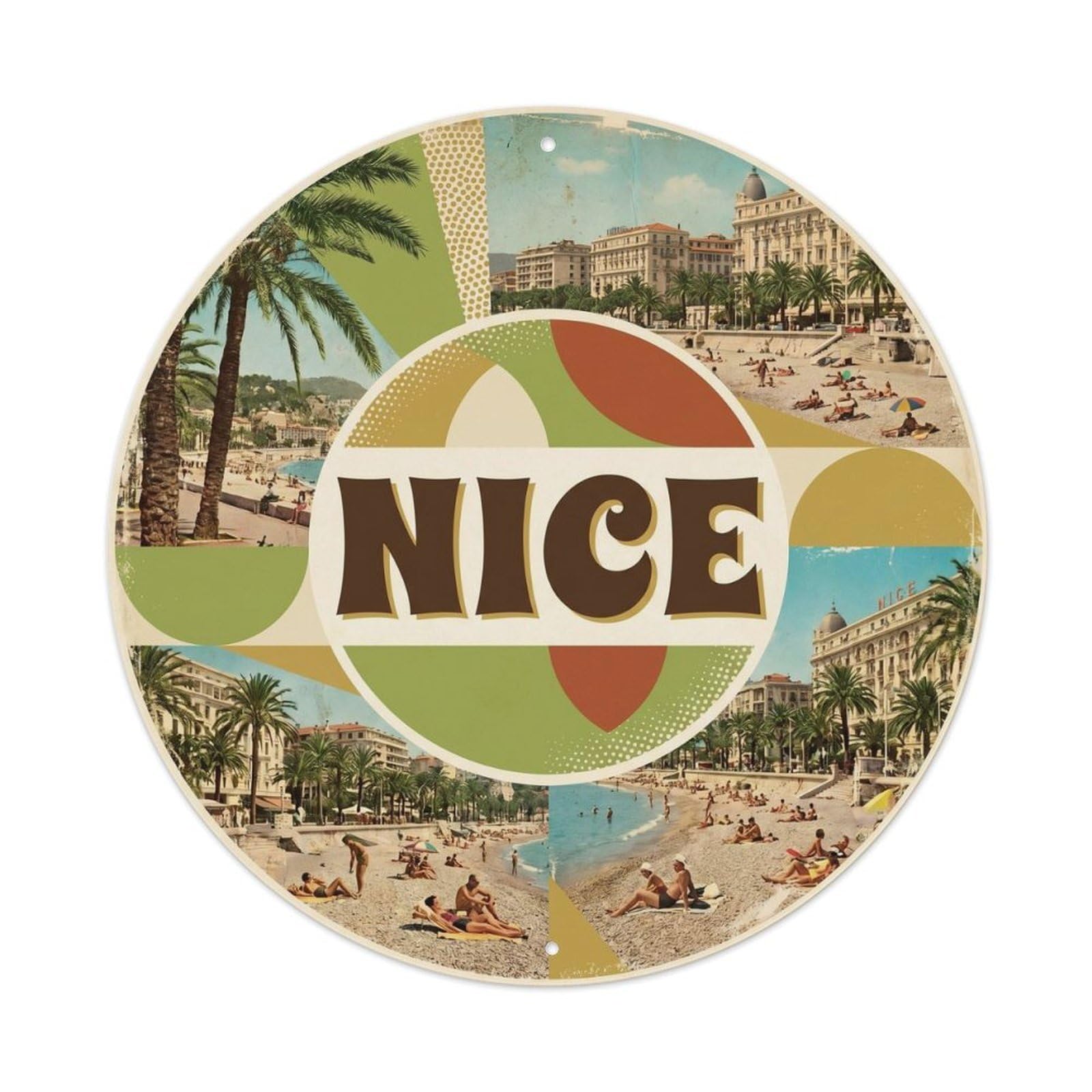 Riviera City Beach Nice France Mixed Modern Travel Collage Metal Tin Sign Plaque Wall Decor for Cafe, Man Cave, Club Bar, Office, Home Garden Round Metal Poster 8x8Inch