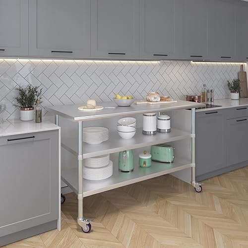 Miniatura 141 de AmGood Mesa de trabajo de acero inoxidable con 2 estantes y ruedas Mesa de trabajo de metal con ruedas