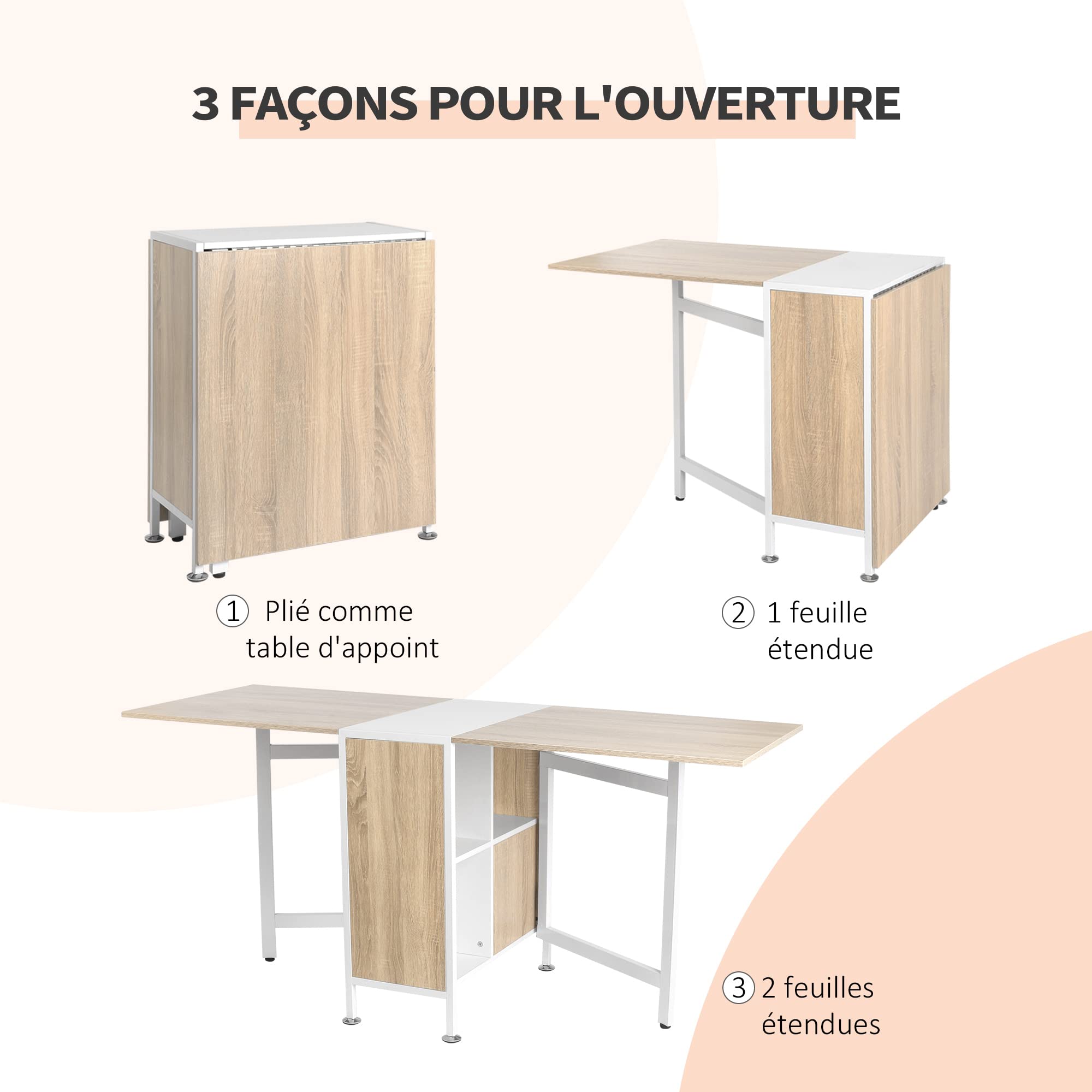 HOMCOM Table Pliable de Cuisine pour 4 per. 169x62x75cm Blanc Chêne Clair | Table à Manger, 4 Niches Intégrées, pour Petit Espace, MDF, Acier, Meubles de Cuisine