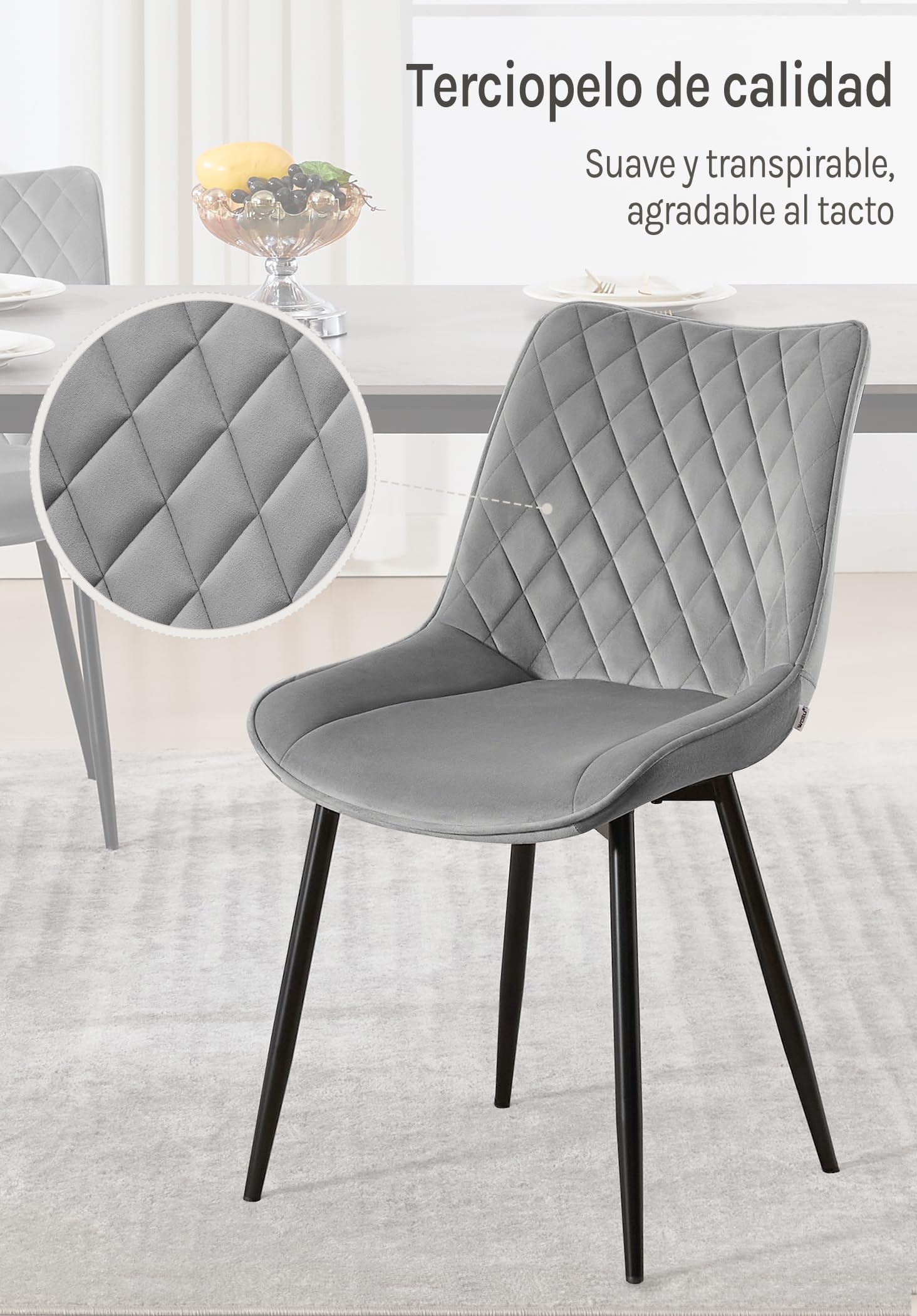 WOLTU Juego de 4 Sillas de Comedor,Terciopelo,Gris Claro | Modernas con Respaldo,Medio y Patas de Metal, aptas para Dormitorio y salón