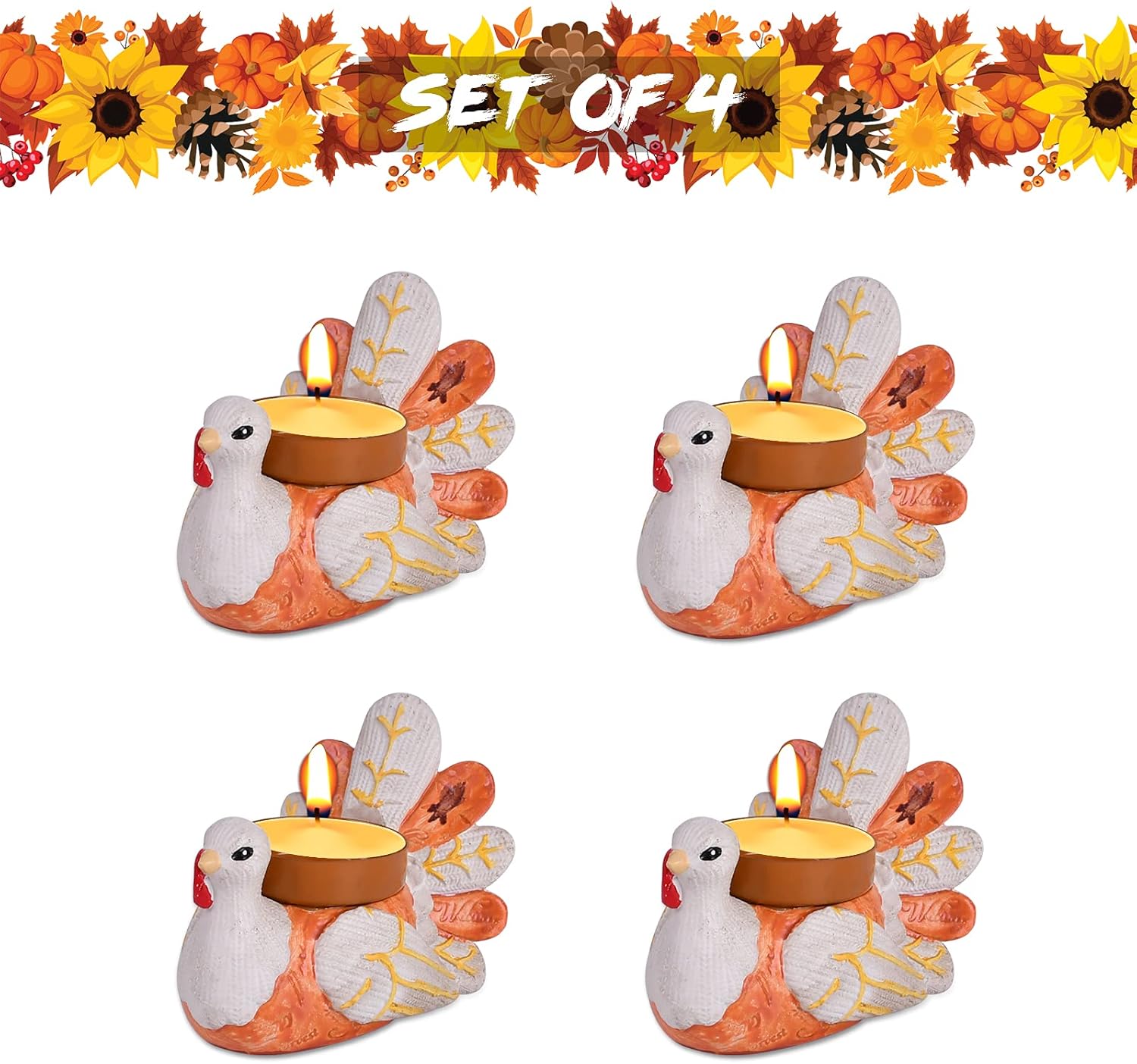 Set of 4 Turkey Tealight Candle Holders,Thanksgiving Decorations Candle Holders for Table,Unique Tabletop Decor Tea Lights Holder,Vintage Decoration for Home Window Fireplace Party Farmhouse : Home & Kitchen
