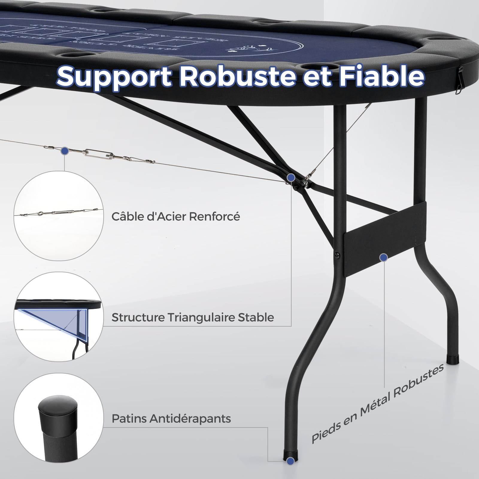 DREAMADE Table de Poker Pliable pour 8 Joueurs, Table de Poker Texas Hold’em Pliante avec Rebord Rembourré, Porte-gobelets en Métal, Surface en Feutre de Qualité Casino (Bleu)