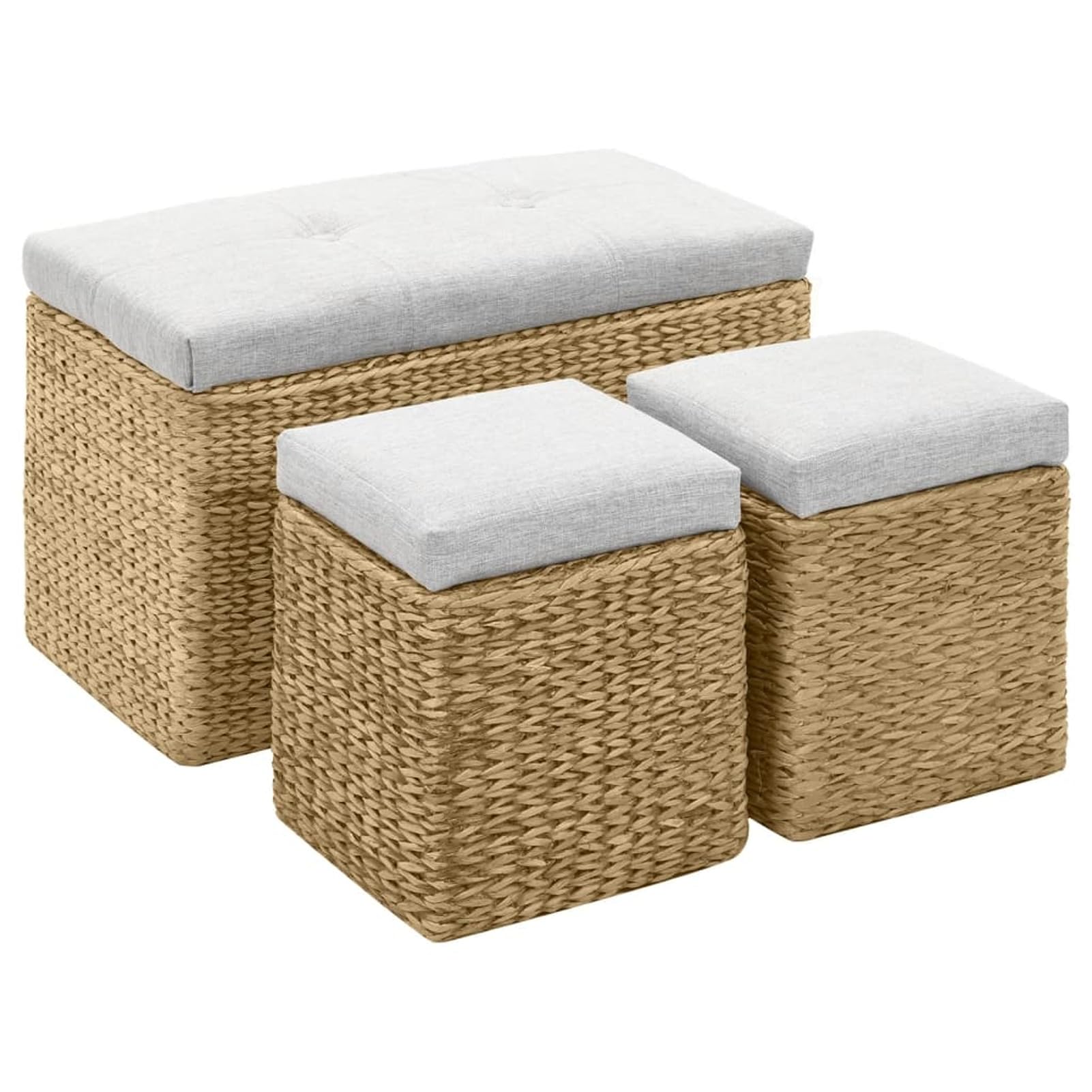 VidaXL Set Panca E 2 Pouf In Giunco Grigio, Con Cuscini E Contenitore, Soluzione D'Arredo Rustica Per Ingresso O Soggiorno - 2