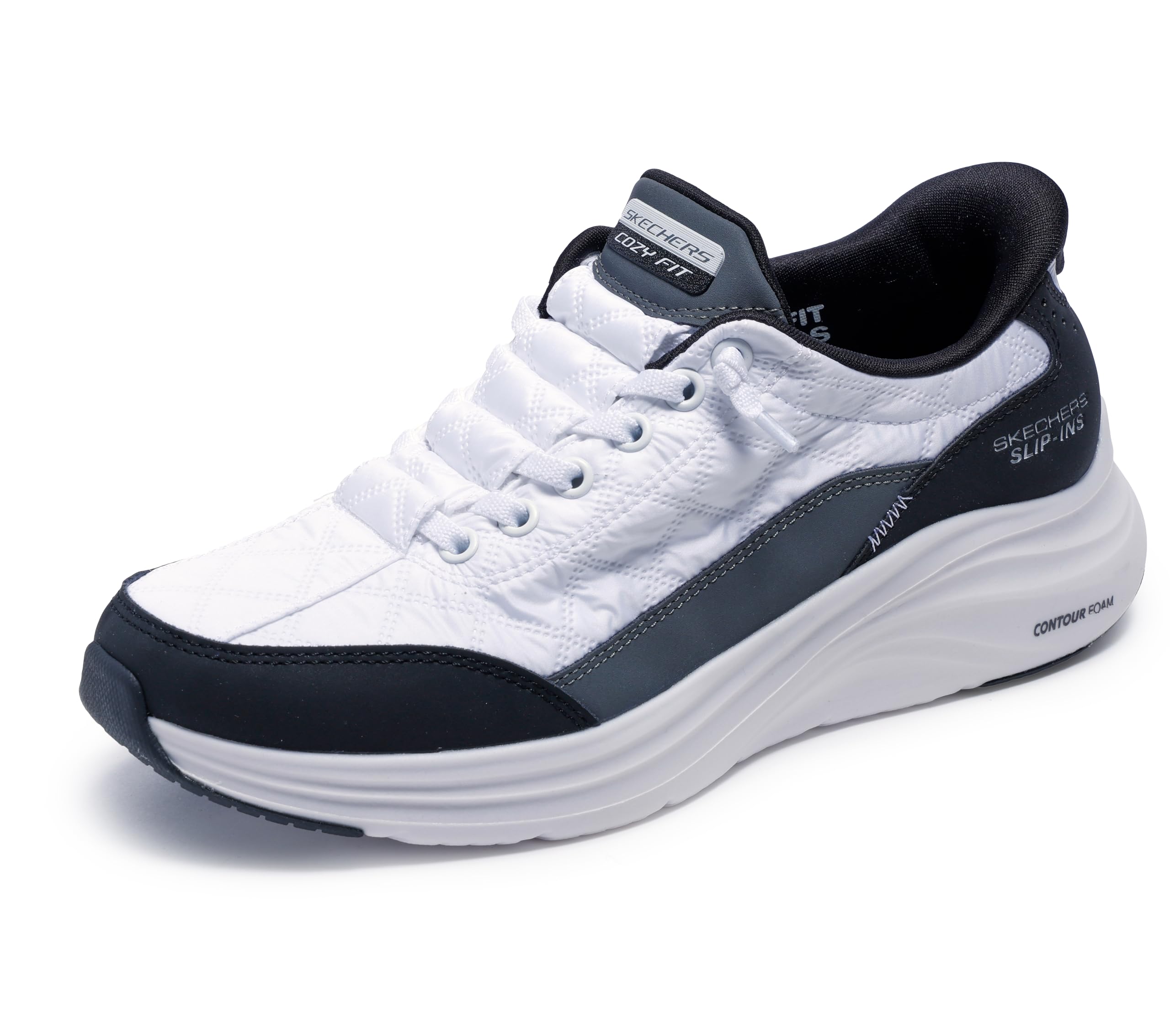 Skechers Women's Contour Foam in Motion Slip-in Trainers, White Mesh/Black Duraleather/Leather/Gray Tri, 4.5 UK