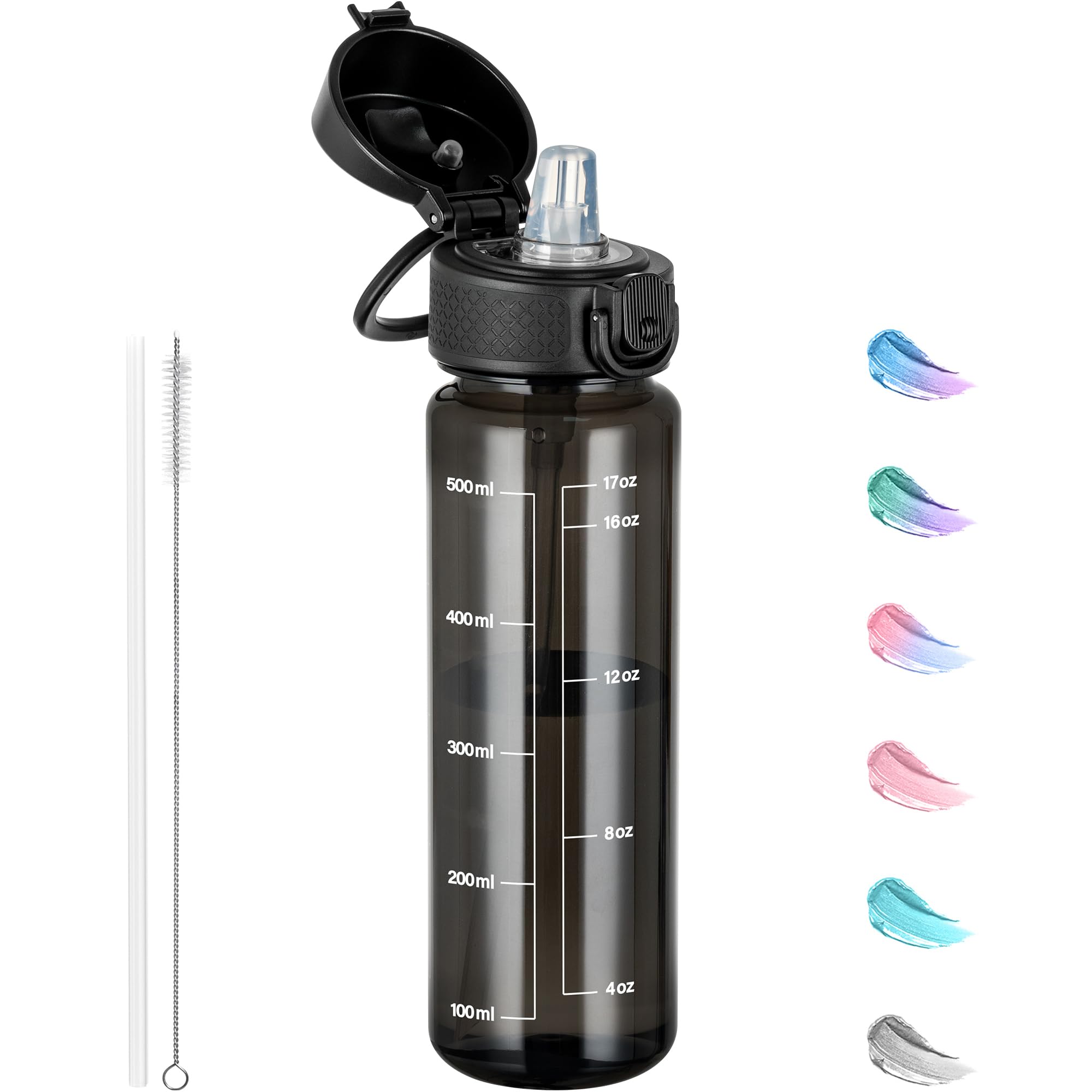 GOPPUS 500ML/17OZ Clear Tritan Water Bottle with Straw Transparent Childrens Drinks Bottle with Carrying Handle See Through Measured Bottles with Flip Top Lid Leakproof Adults Water Bottles BPA Free