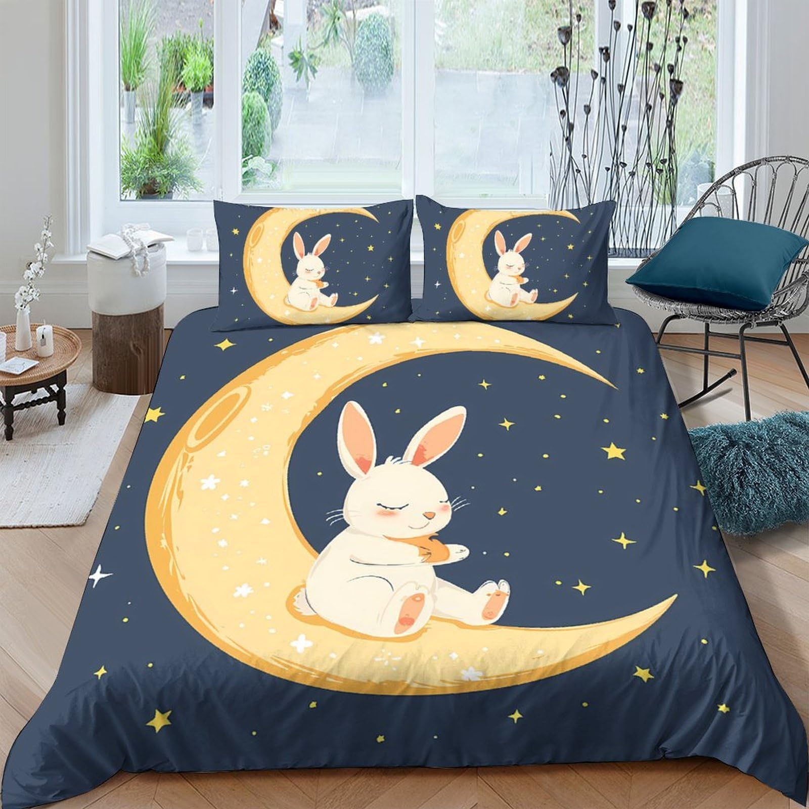 Ctjqhvkz Style-1 3D Printed Moon Rabbit Fitted Sheet Microfiber Soft Anti-Slip Starry Night Bed Cover For Bedroom Dorm Guest Room Decor Single（135X200cm）