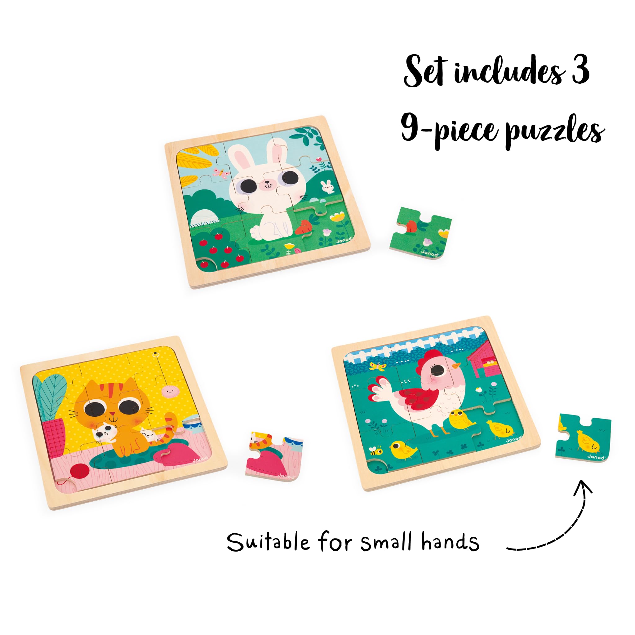Janod - 3 Puzzle in Legno da 9 Pezzi - Gallina, Gatto, Coniglio - Giocattolo per Bambini - Gioco Educativo Prima Infanzia - Dai 18 Mesi, J07113