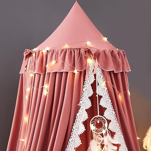 Miniatura 4 de Kertnic Toldo de cama para niñas, toldo de princesa rosa suave con volantes, decoración de lazo de ensueño, toldos de cama para habitación de los