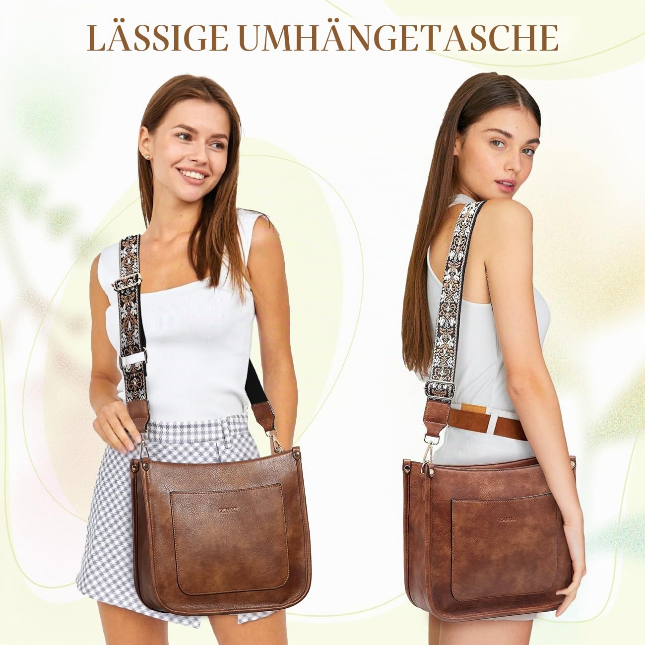 RAVUO Handtasche Damen Mittelgroß Umhängetasche Crossbody Bags Leder Schultertasche für Frauen Shopper Tasche mit Verstellbarem Farbigem Riemen