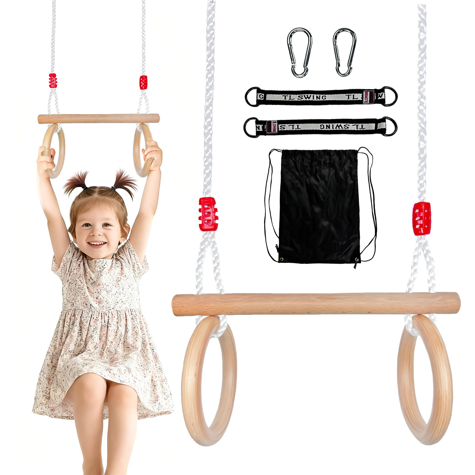 Columpio Trapecio de Madera, Jardín Exterior Niños Antideslizante Columpios Infantiles con Anillas de Gimnasia Exterior Altura Ajustable para Interiores e Exteriores
