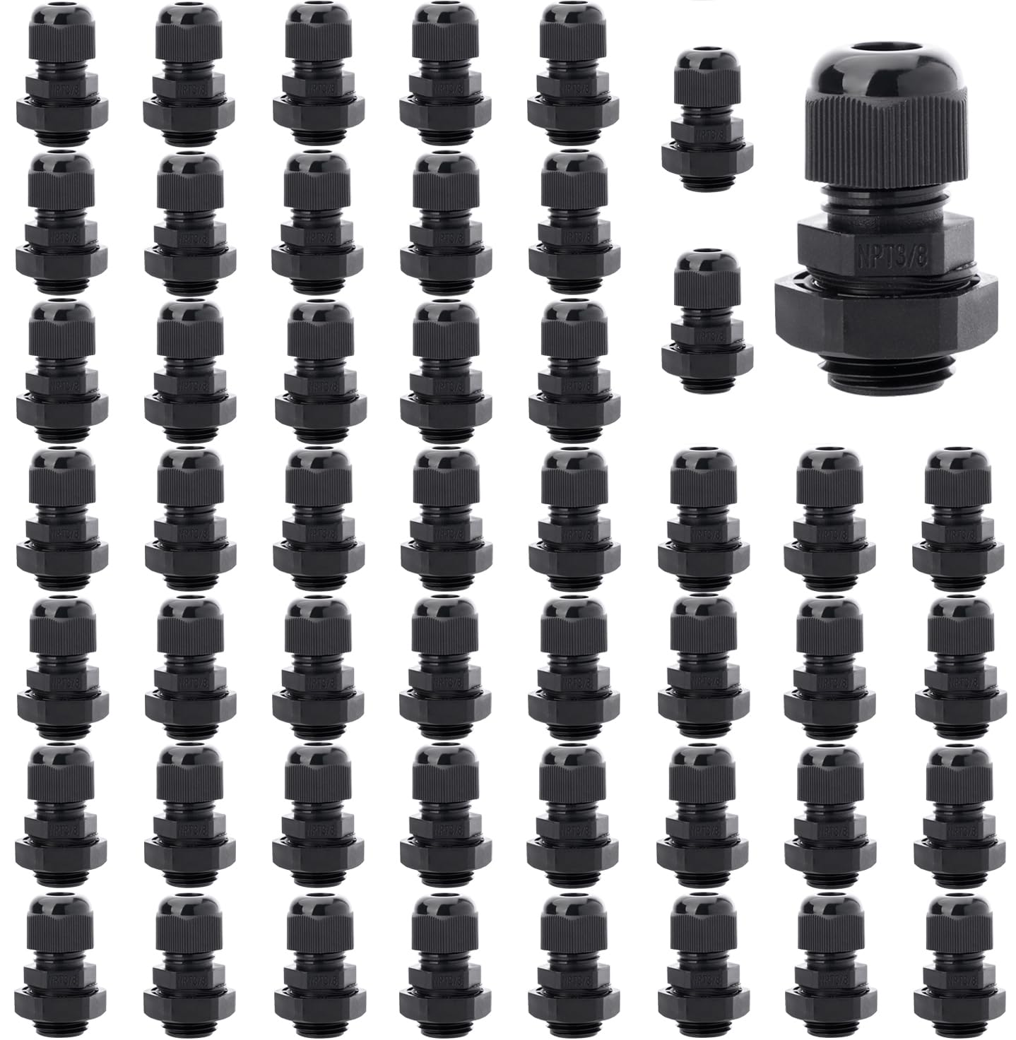 PIONFYNES 50PCS 3/8'' NPT Cable Gland Waterproof Adjustable 4-8mm/0.16-0.31inch Nylon Cable Glands Joints with Gaskets (3/8", 50PCS)