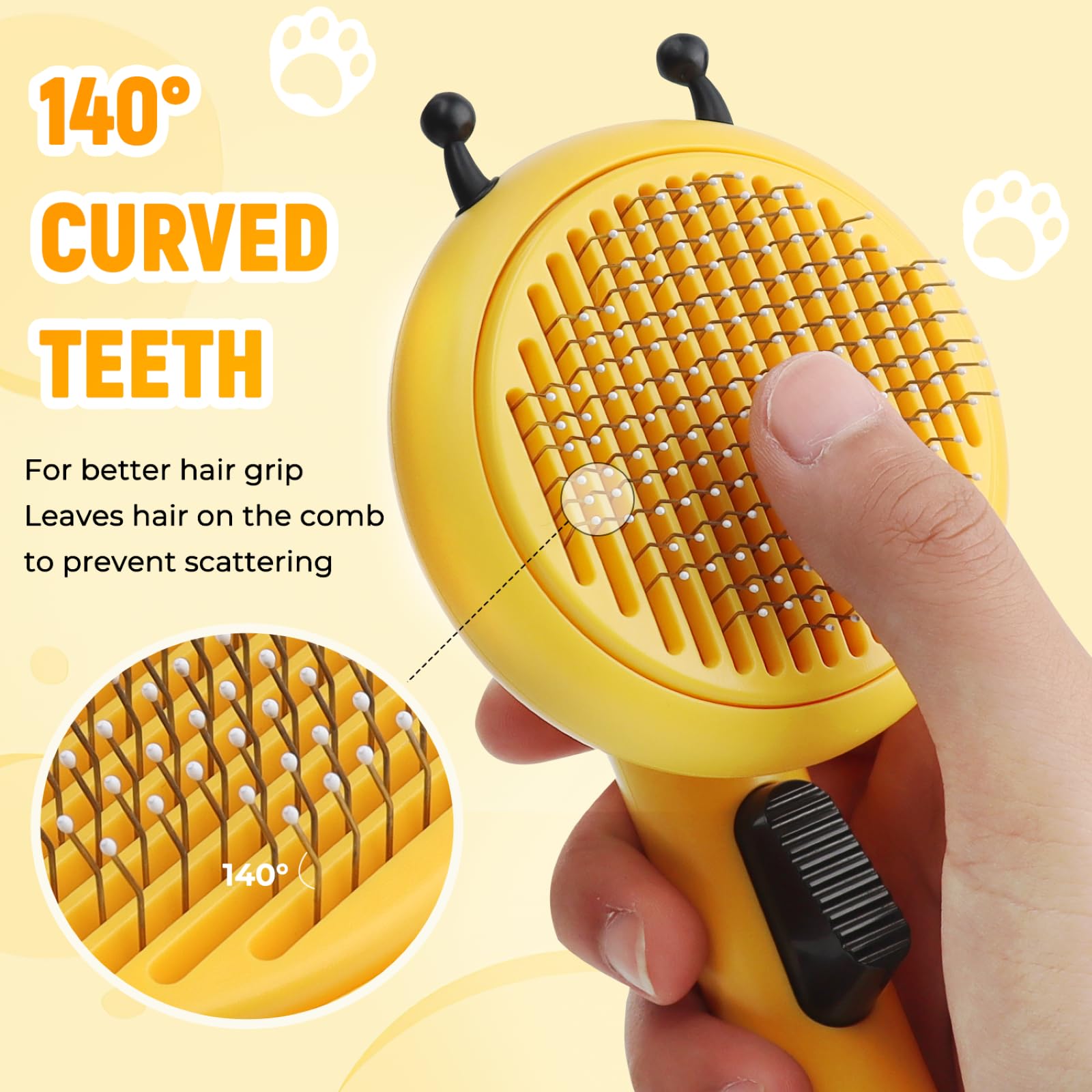 Kyakya Bee-Shaped Self-Cleaning Cat Brush for Shedding – One-Click Hair Removal & Soft Massage Grooming Brush, Washable Deshedding Tool for Cats & Dogs, Suitable for All Coat Types, Yellow