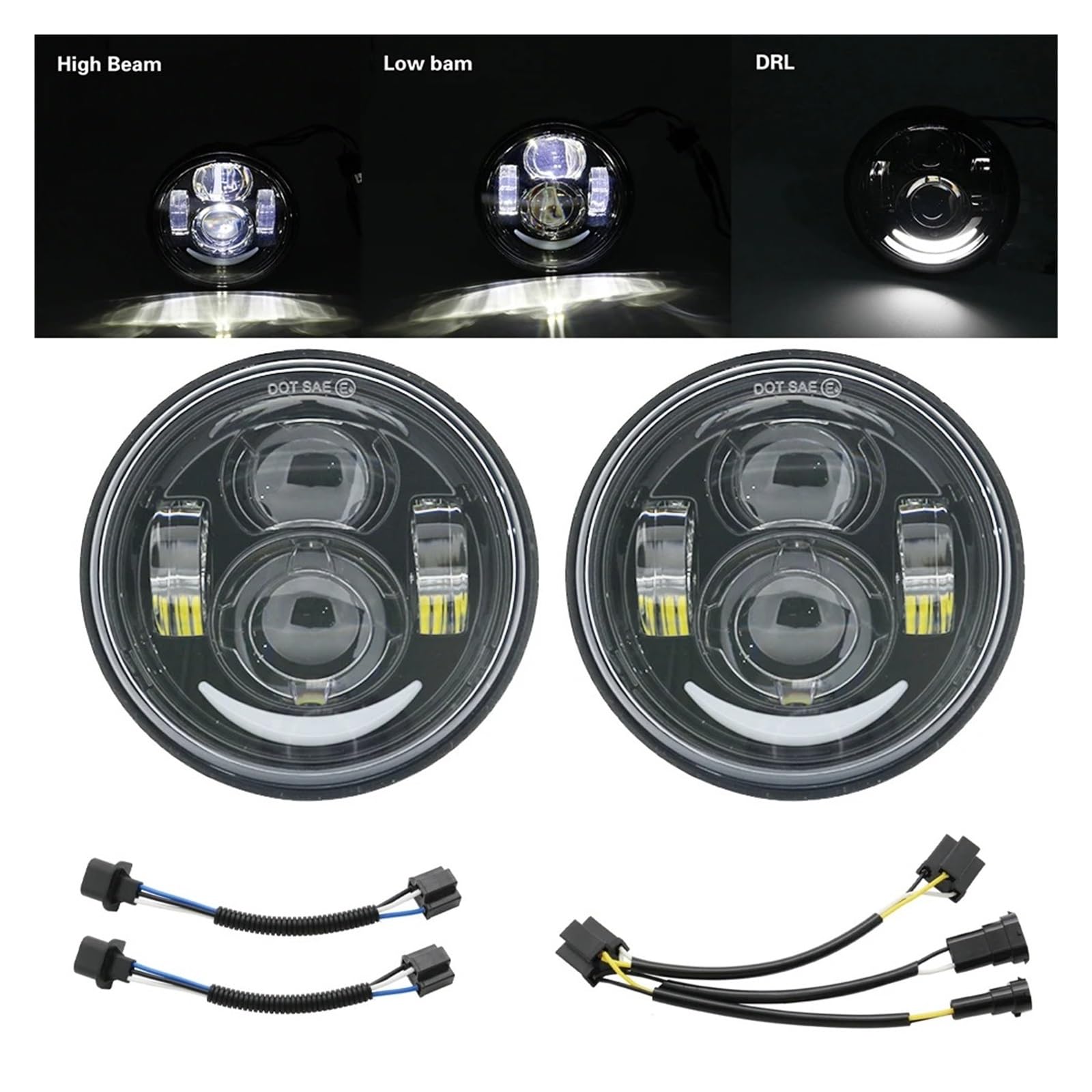 Phares Doubles À LED Pour Dyna Fat Bob 4,5 Pouces Avec Feux De Jour 4,65 Pouces H4 Optique De Moto Ronde(Black With DRL)