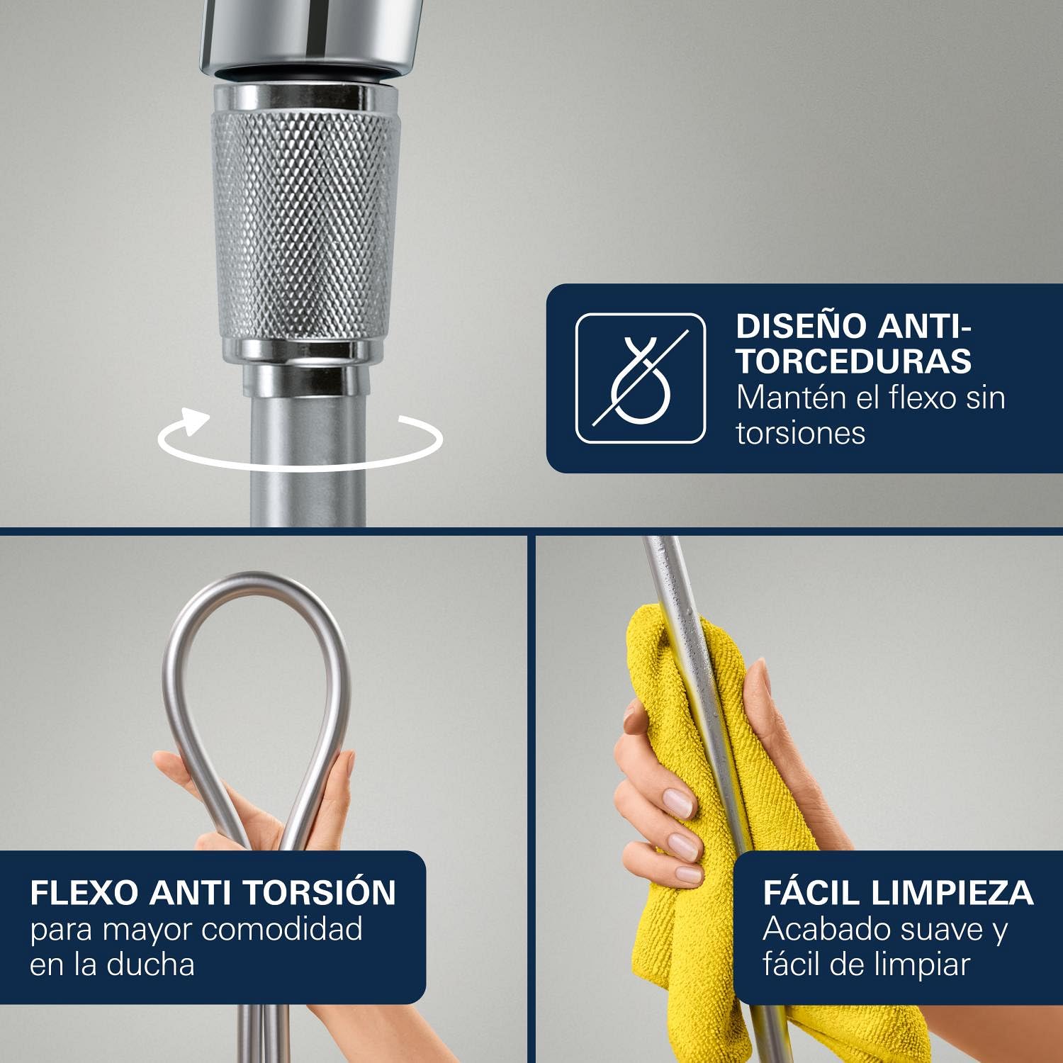 Set Alcachofa de Ducha y Soporte Pared GROHE Vitalio Joy+ 120 (Ø120mm, 3 chorros, ahorro 6,3 l/min, antiquemaduras, manguera de ducha 1,5m), Cromo, 1348650000