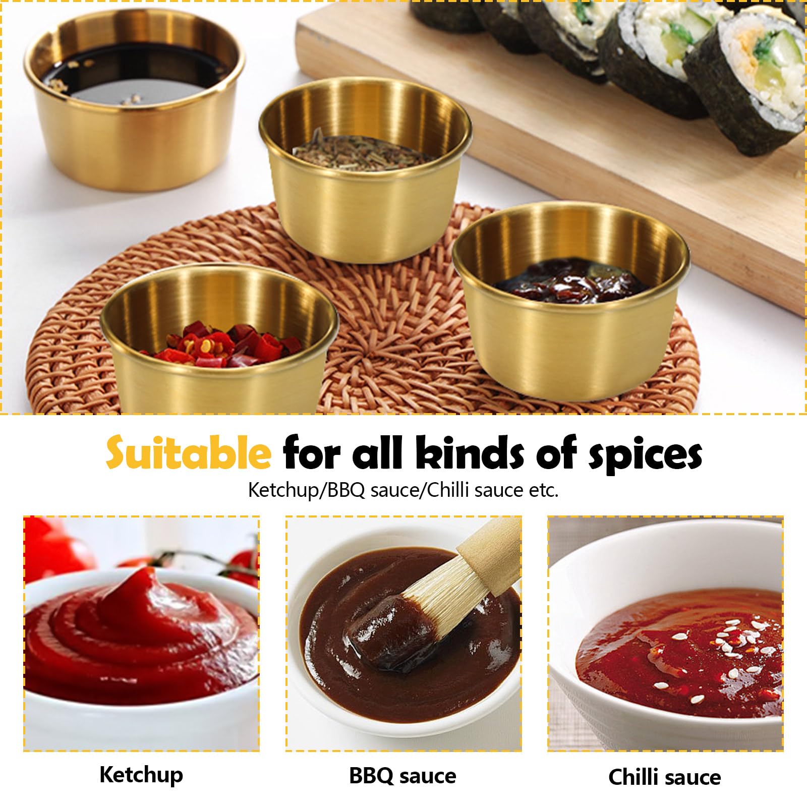Huakaile 9 Pcs 2 oz Stainless Steel Dipping Sauce Cup, Mini Dip Bowls - Image 4