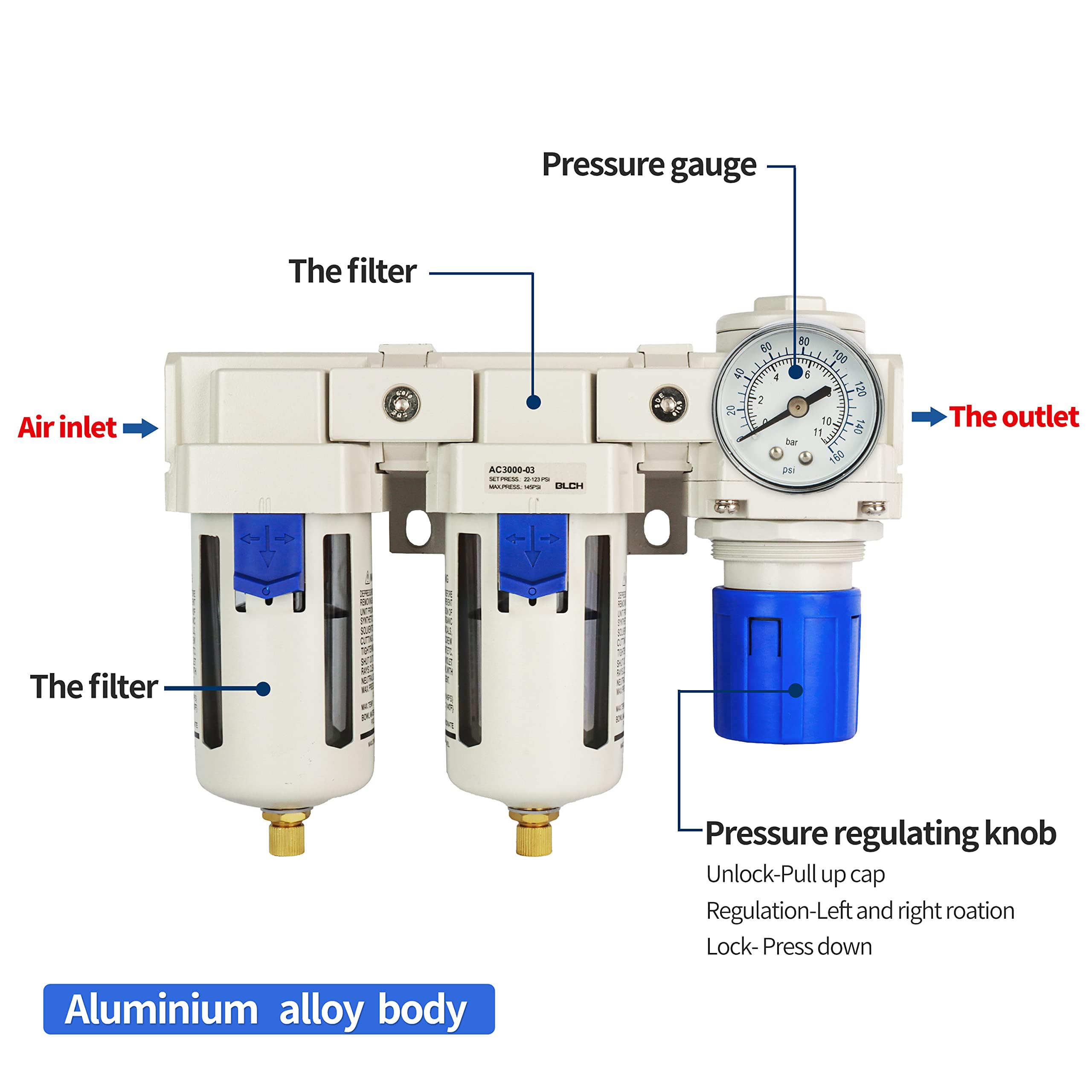 BLCH 3/8" BSP Kompressorfilter - 2-Stufiger Drucklufttrockner mit Regler AC3000-03 mit Halbautomatischem Ablass, PC-Behälter und Messing-Manometer (0-160 PSI/11 Bar)