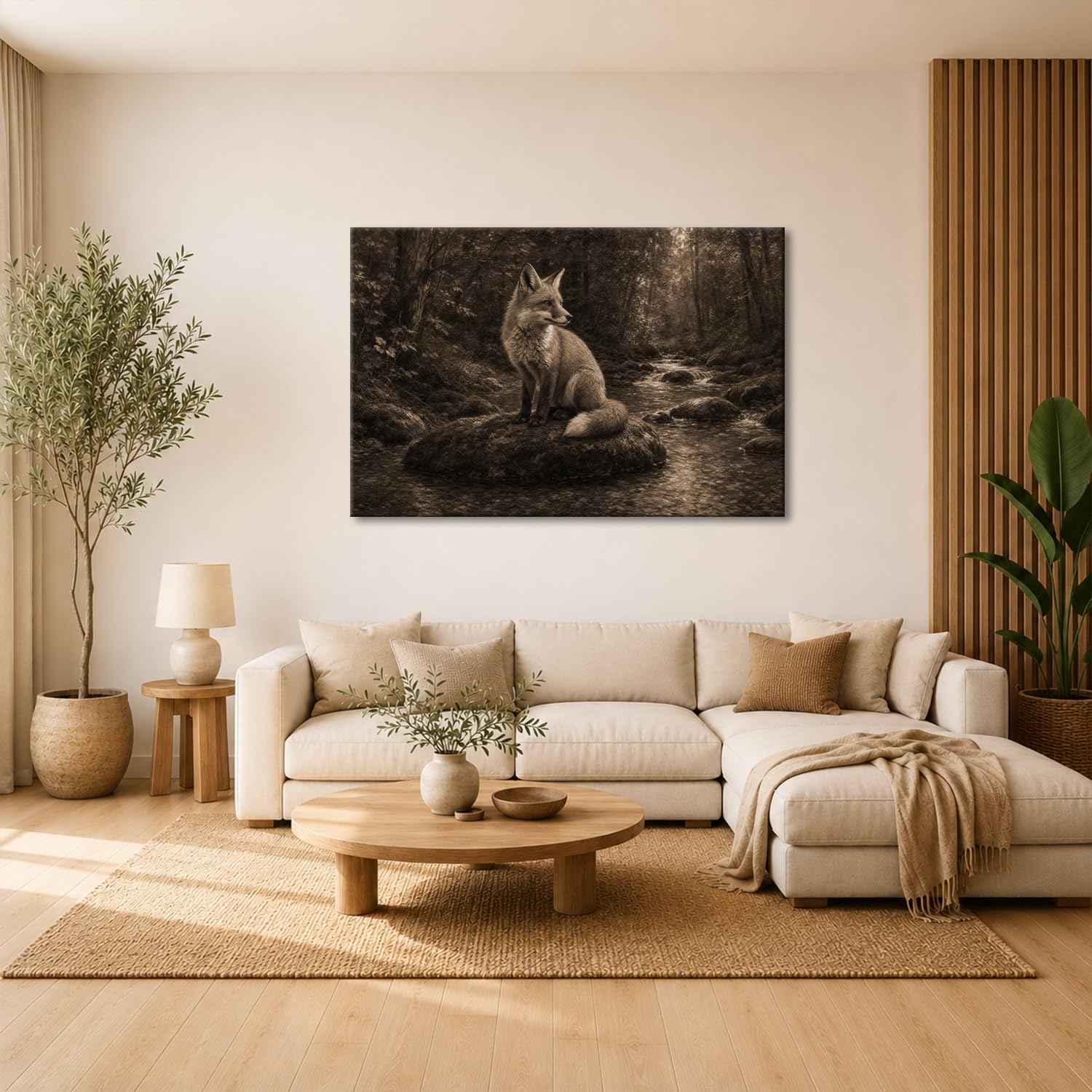 deyoli Obraz na płótnie lis siedzący na kamieniu w rzece lasu 70 x 50 cm Sepia