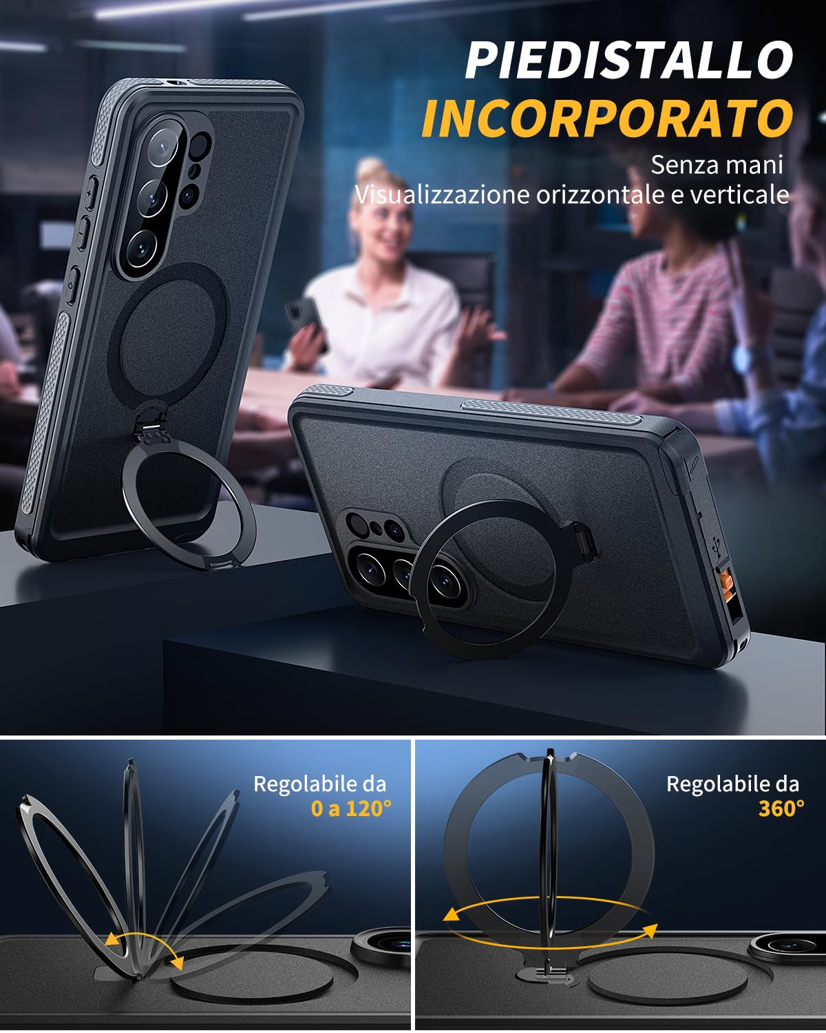 Lanhiem Custodia per Samsung Galaxy S26 Ultra 5G Cavalletto, Nero | IP68 Impermeabile, Cavalletto Girevole Nascosto, Anti-Caduta e Anti-Graffio, Protezione Militare a 360°