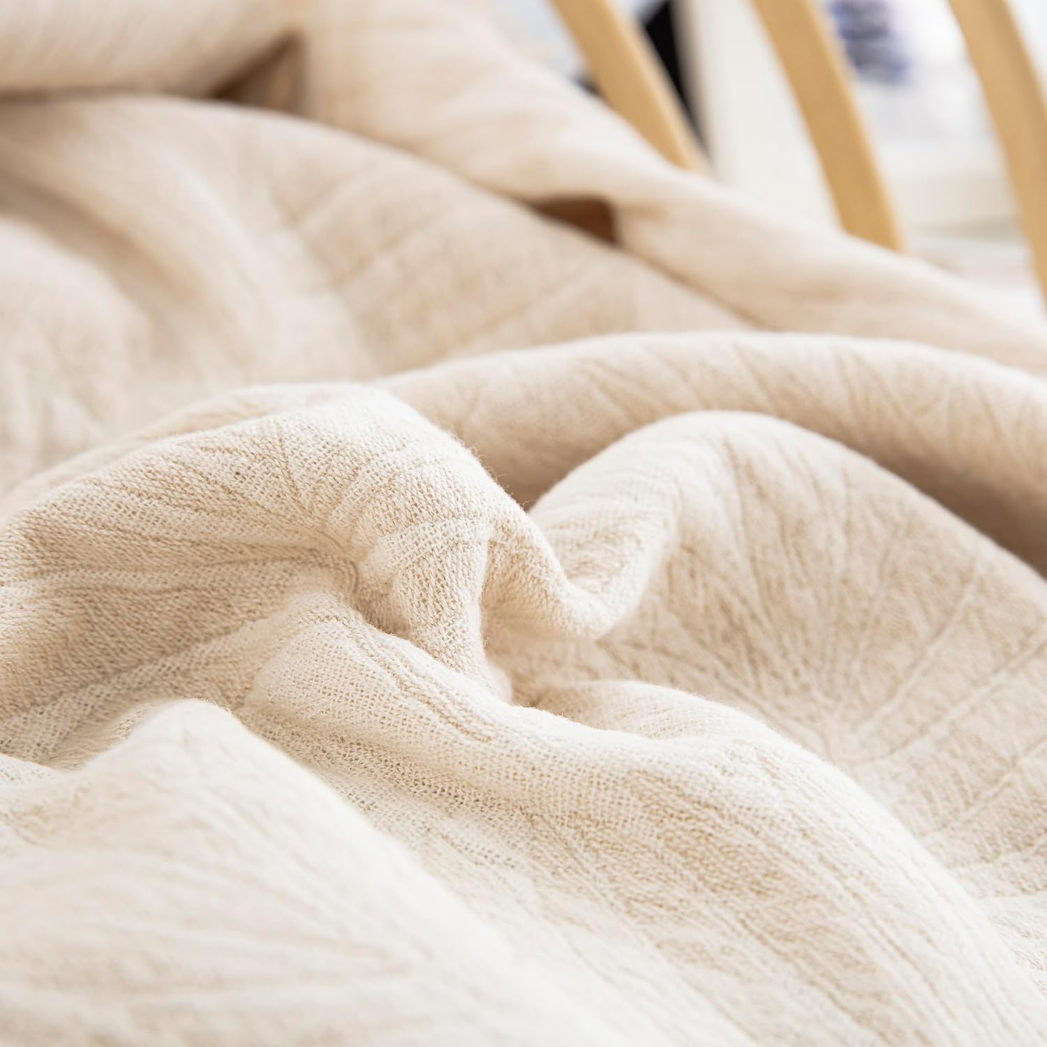 100% Cotton 6 Layers Muslin Throw Blanket, Boho Jacquard Leaf Pattern Gauze Blanket with Fringed, Super Soft Lightweight Reversible Sofa Couch Cover for All Season(Beige, 51" x 67")