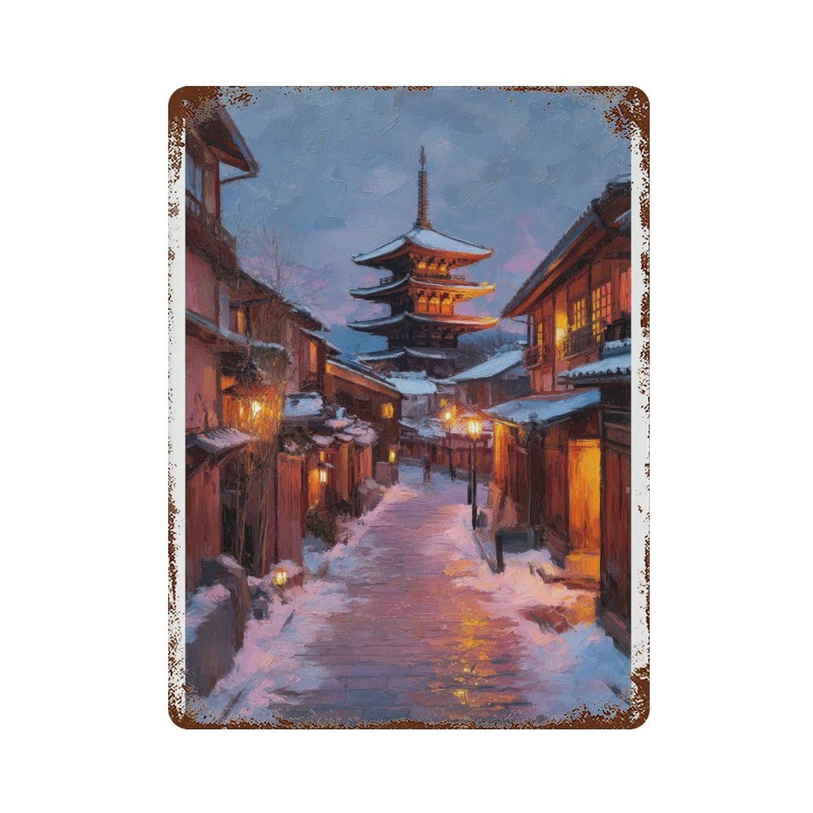 xiaoxiaoshen Kyoto Japan Watercolor Snowy Pagoda Street Travel Wall Decor Art Metal Tin Poster Modern Home Decor Art Home Bar Shop Decorations Vintage Sign 40x30cm