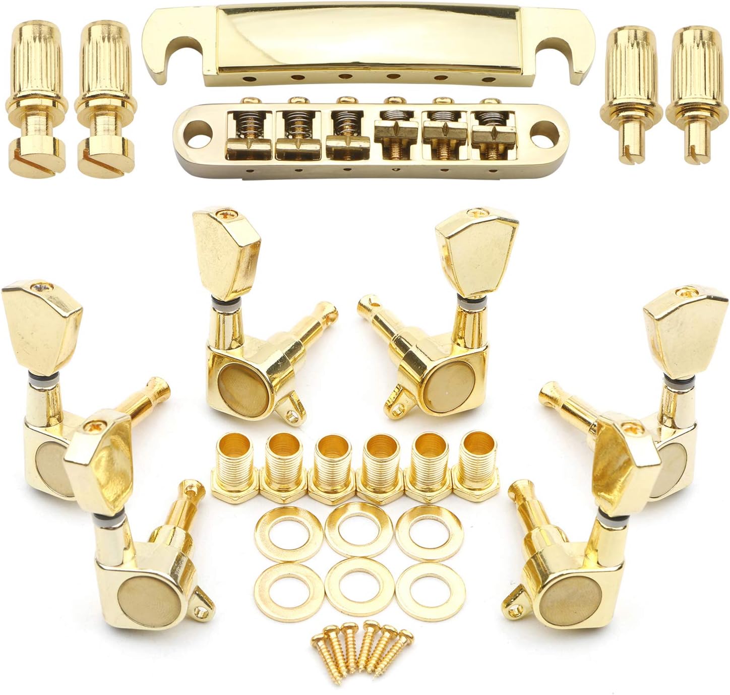 Gold Guitar Saddle Bridge Tune-O-Matic Roller Tailpiece and 3L3R Tuning Pegs Keys Set Parts for Les Paul Electric Guitar
