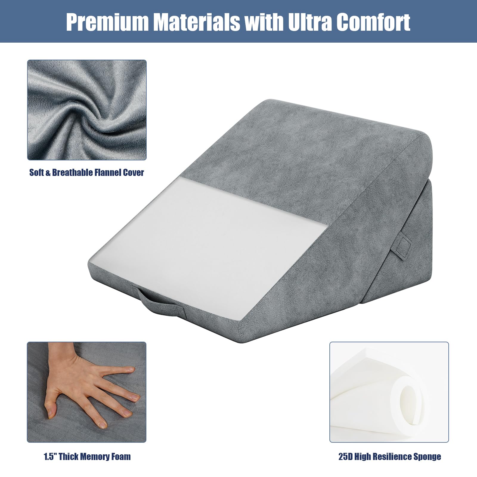 FANTASK Keilkissen, 58 x 36 x 50,5cm, Lesekissen mit Memory Foam Bezug, Waschbar, Ergonomisch Beinkissen, Rückenkissen bei saurem Reflux, Rückenschmerzen & GERD, Relaxkissen für Bett & Sofa (Grau)