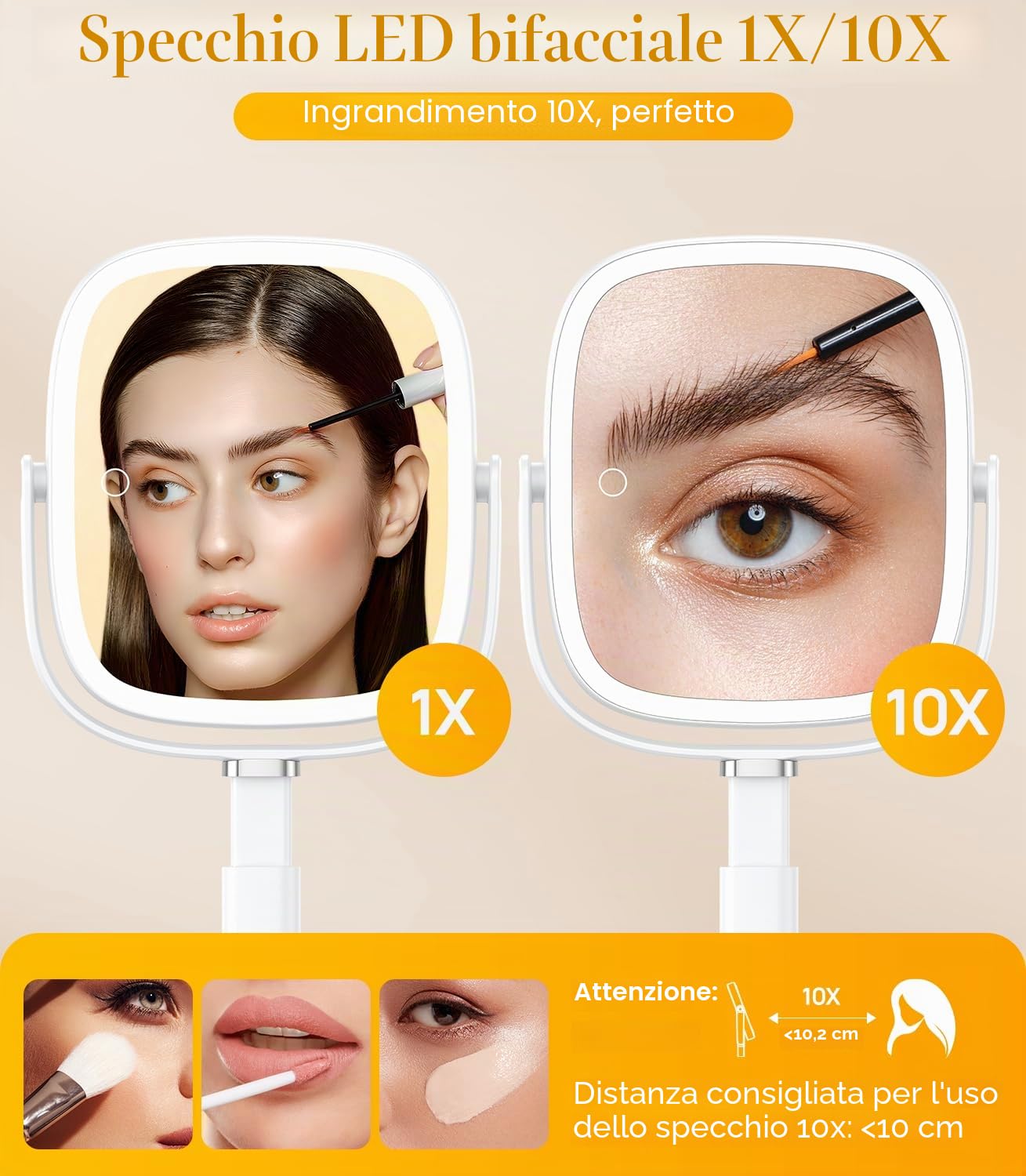 Gospire Specchio da trucco rettangolare illuminato 10X, 3 colori, regolabile in altezza e batteria 4000 mAh, per camera da letto e bagno